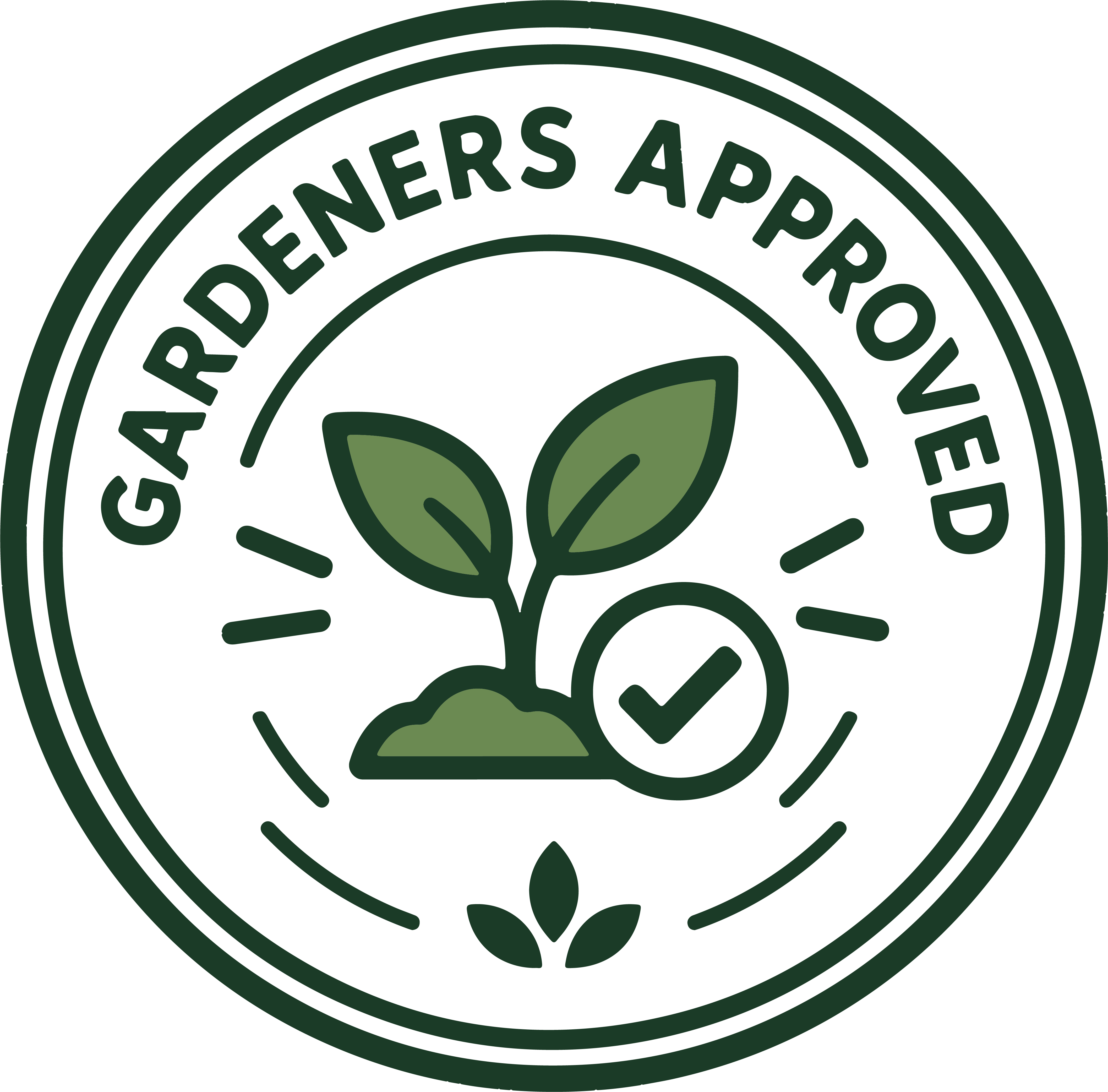 A circular green and white badge graphic with the words “GARDENERS APPROVED” around a small sprout and checkmark icon.