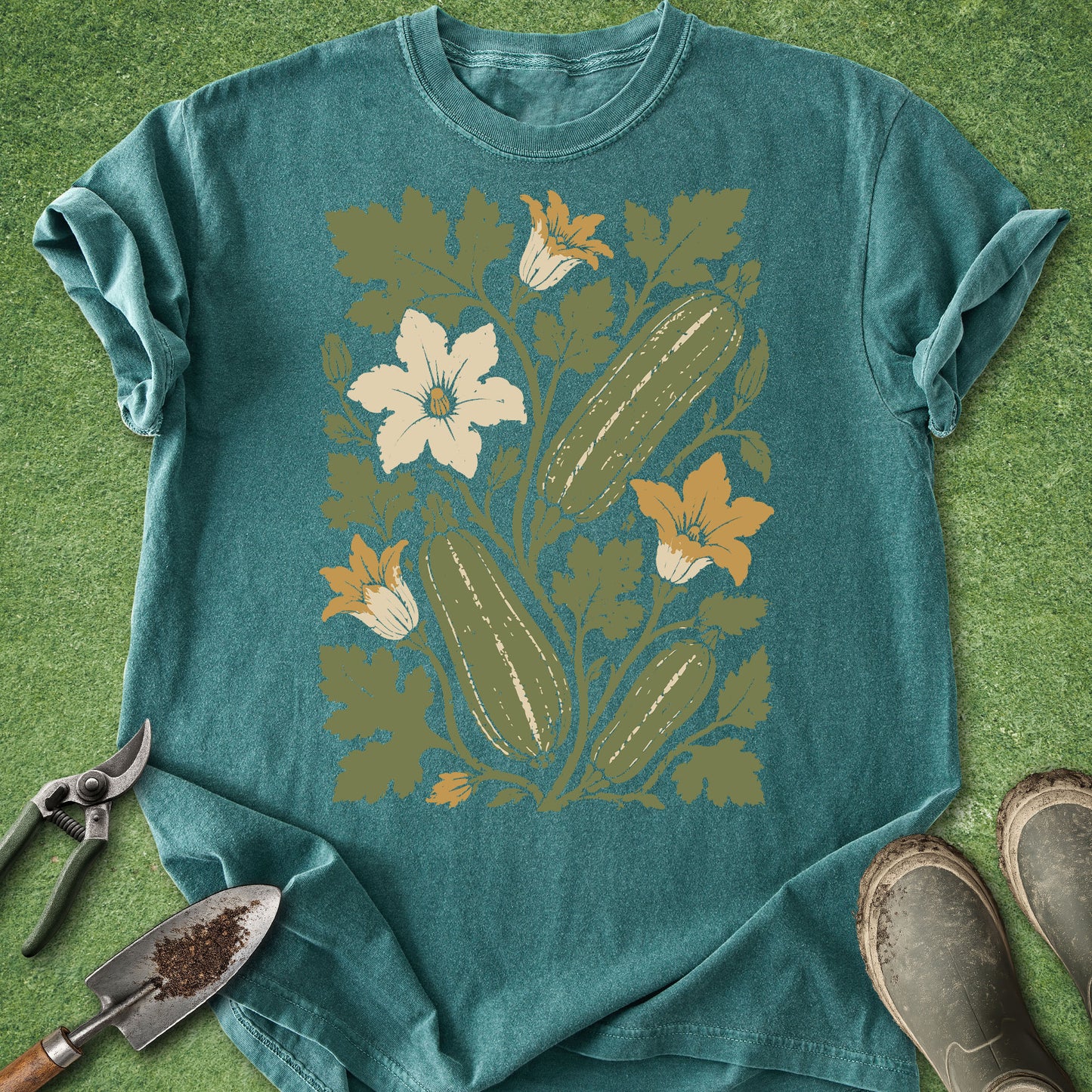 A teal short-sleeve t-shirt with a vintage-style botanical graphic of cucumbers, flowers, and leaves, laid flat on green grass with gardening tools and boots nearby.