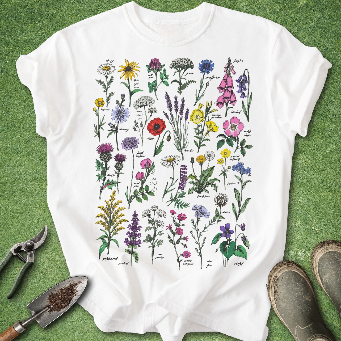 White t-shirt with colorful floral design on a green background