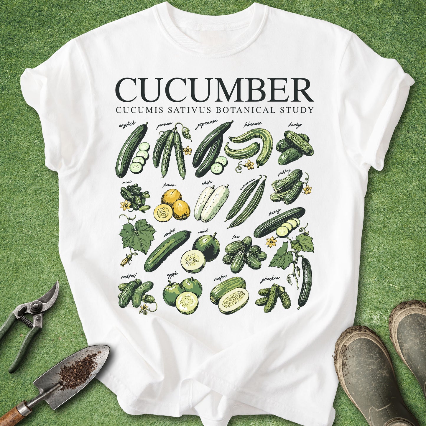 White t-shirt with cucumber illustrations on a green background