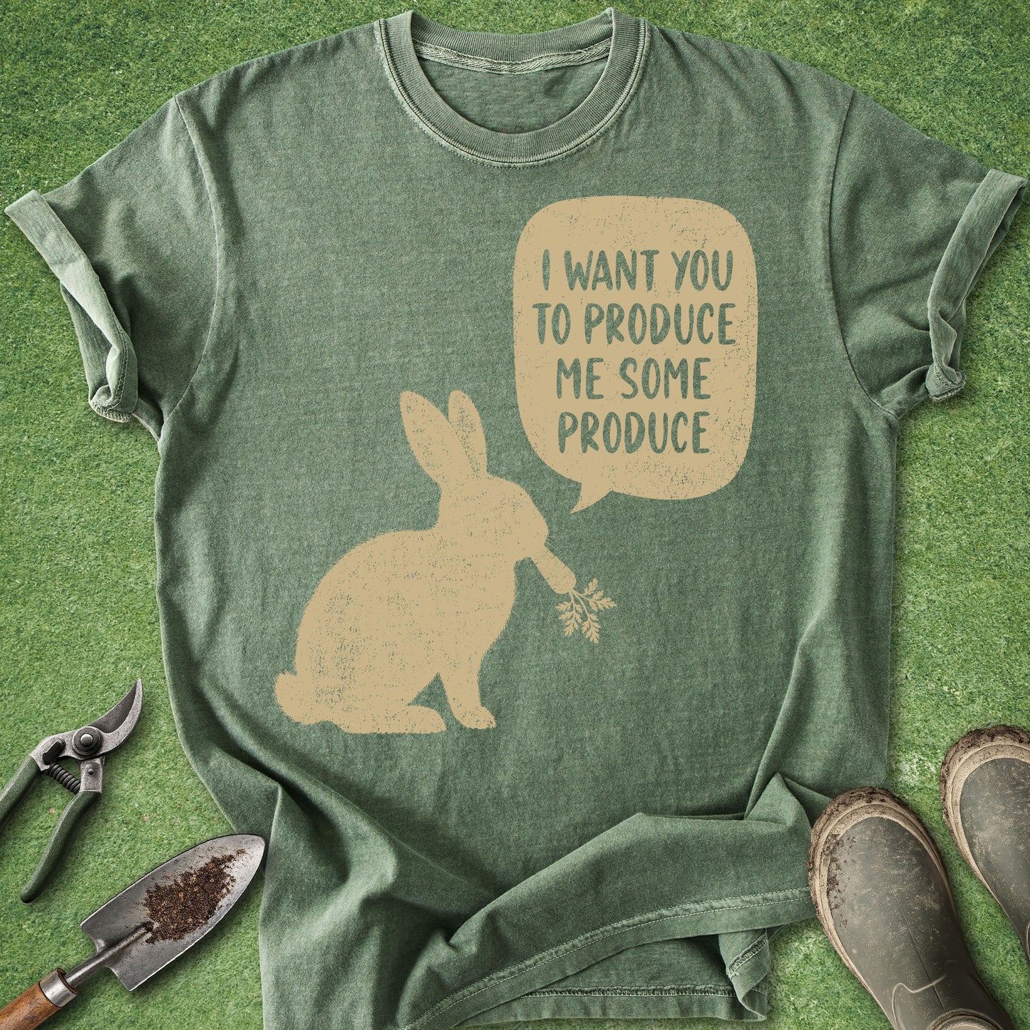 Comfort Colors moss t-shirt featuring a vintage rabbit silhouette holding a carrot with a speech bubble reading "I Want You to Produce Me Some Produce."