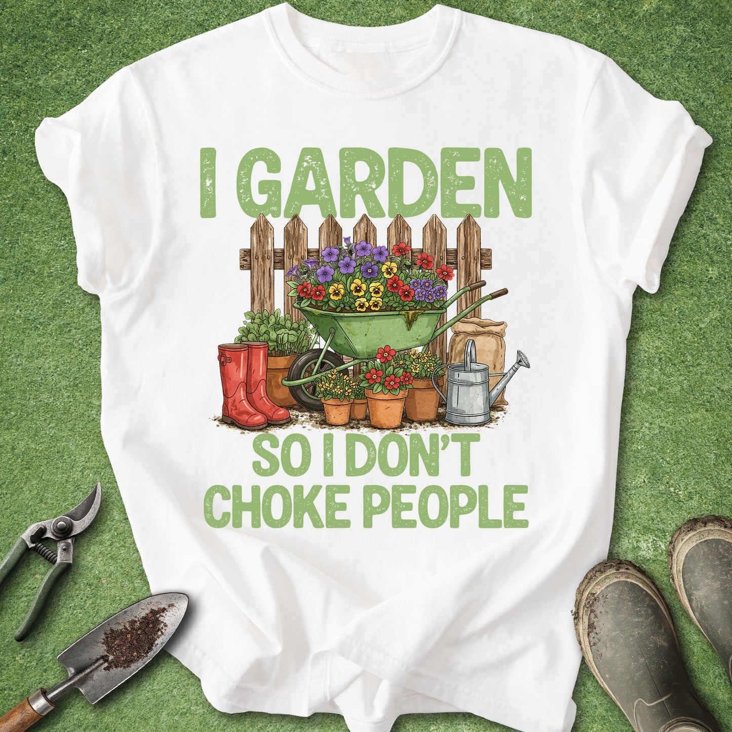 White t-shirt with gardening graphic and text on a green background