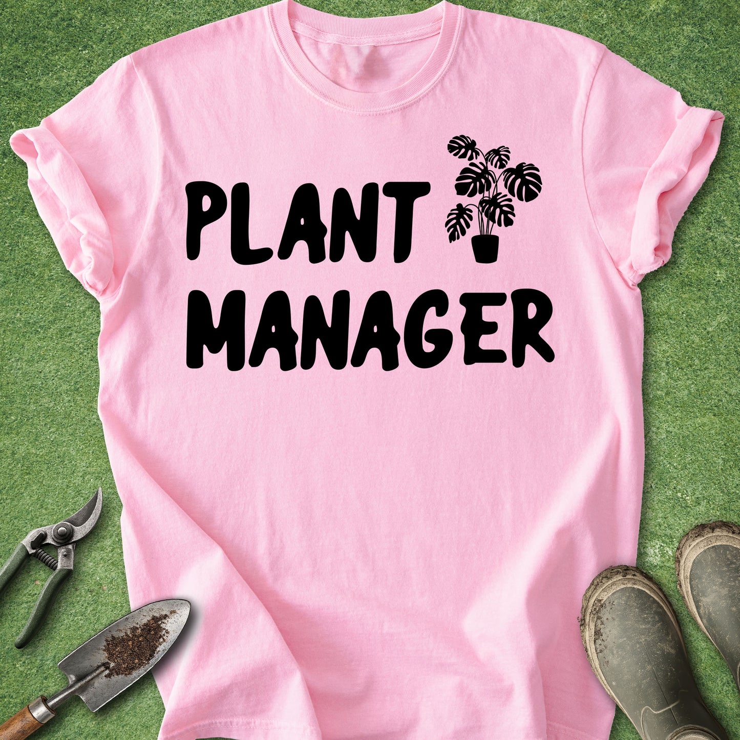 Pink t-shirt with 'Plant Manager' text and plant icon on a green background