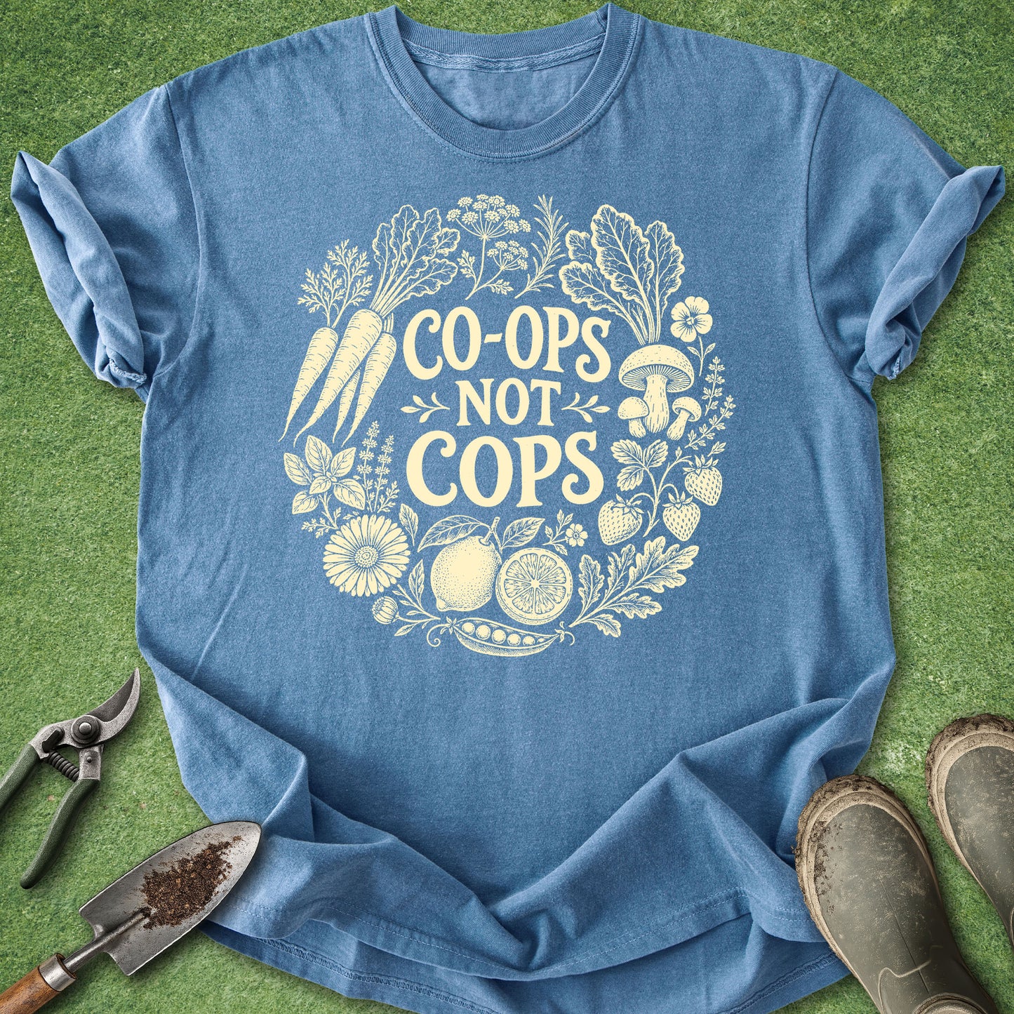 Blue t-shirt with 'Co-ops Not Cops' graphic on a green background