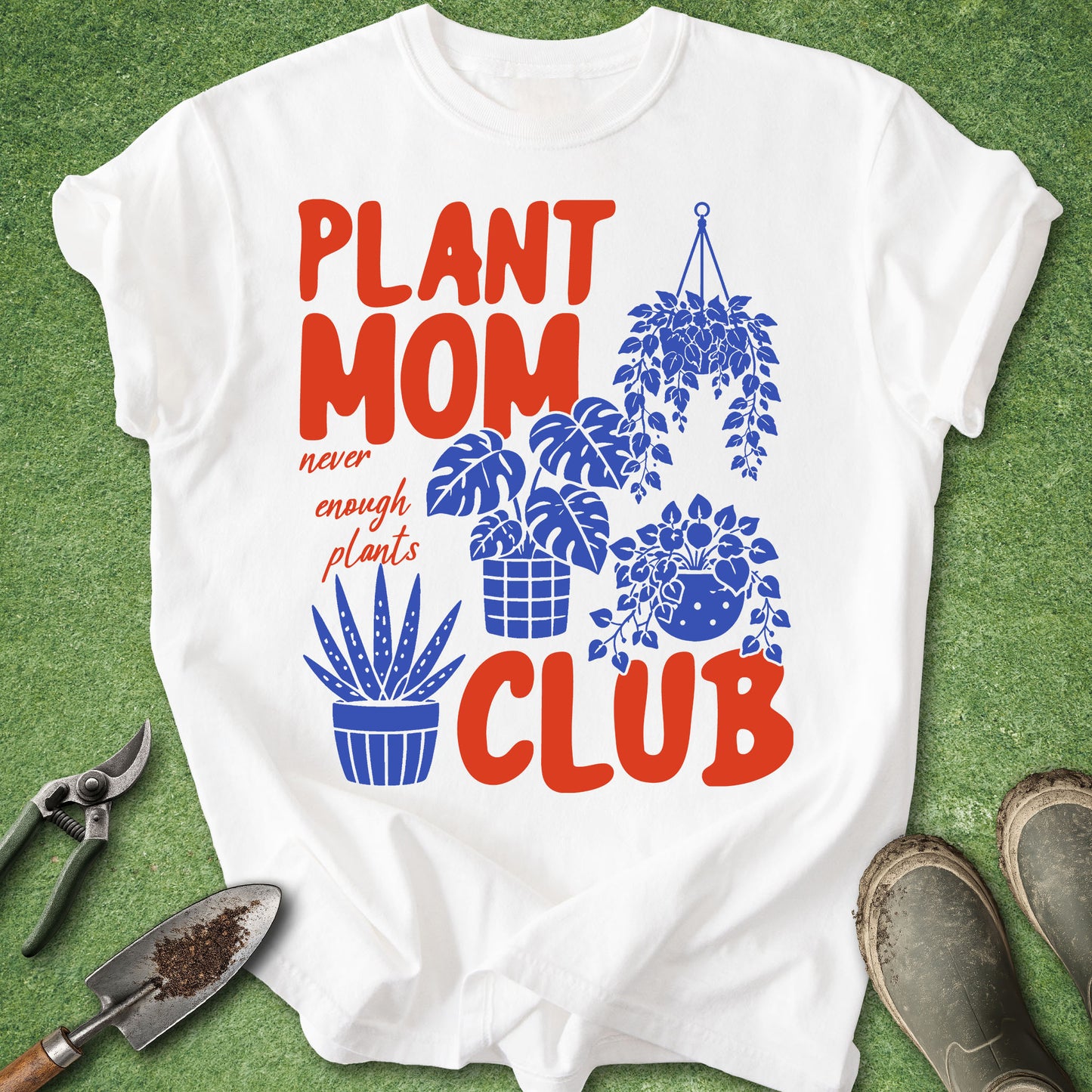 White t-shirt with 'Plant Mom Club' design on a green background