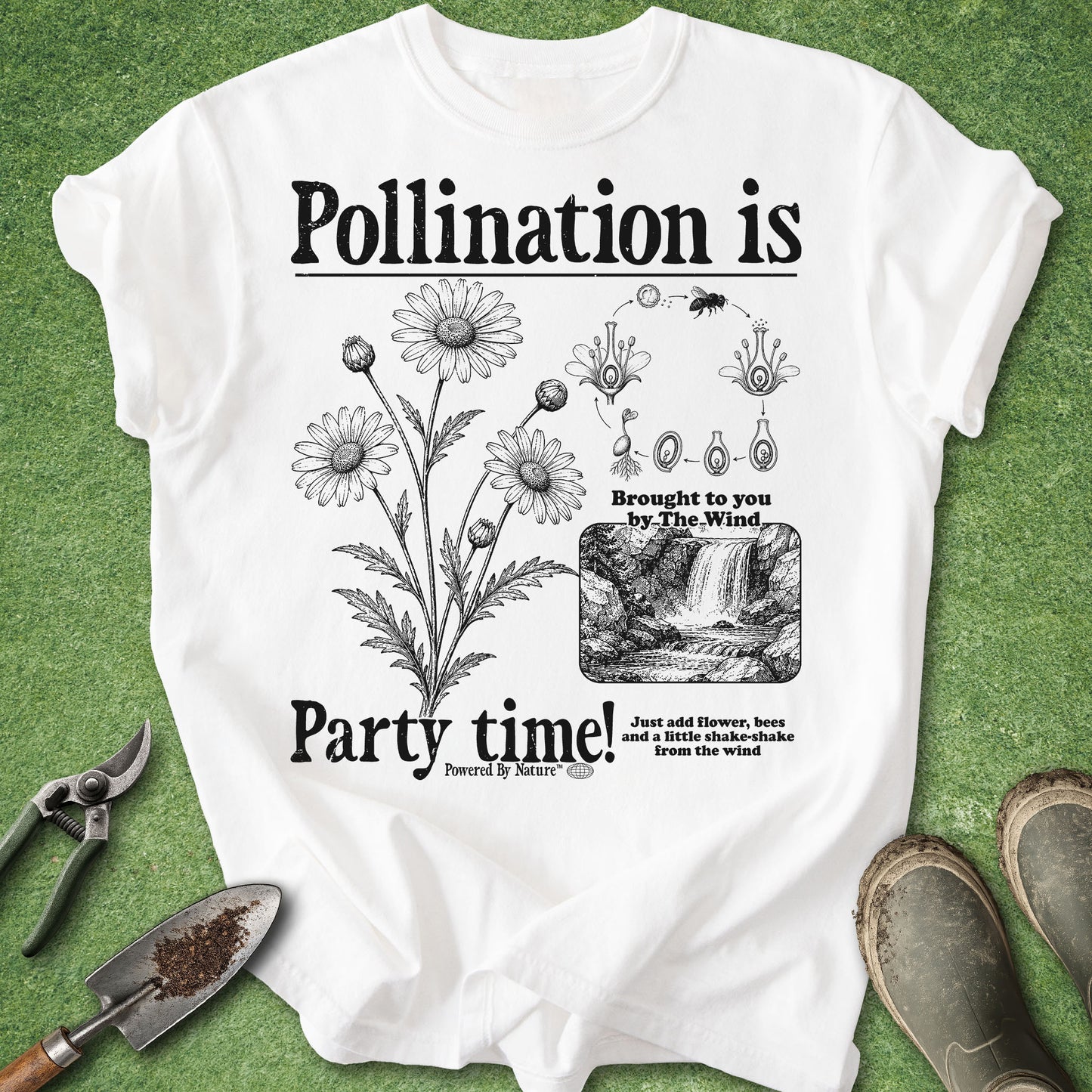 White t-shirt with black text and graphics on a green background