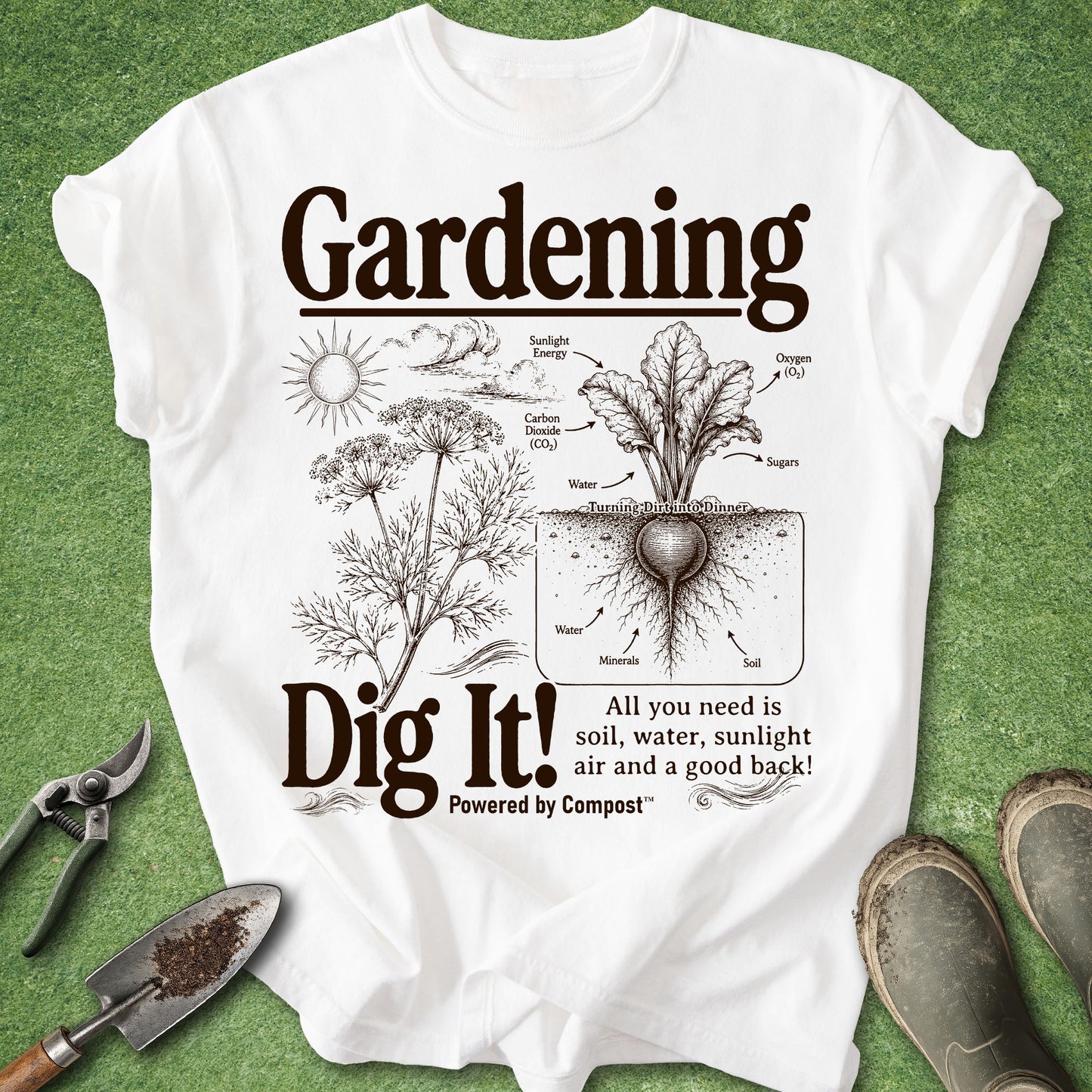 White t-shirt with gardening graphic and text on a green background
