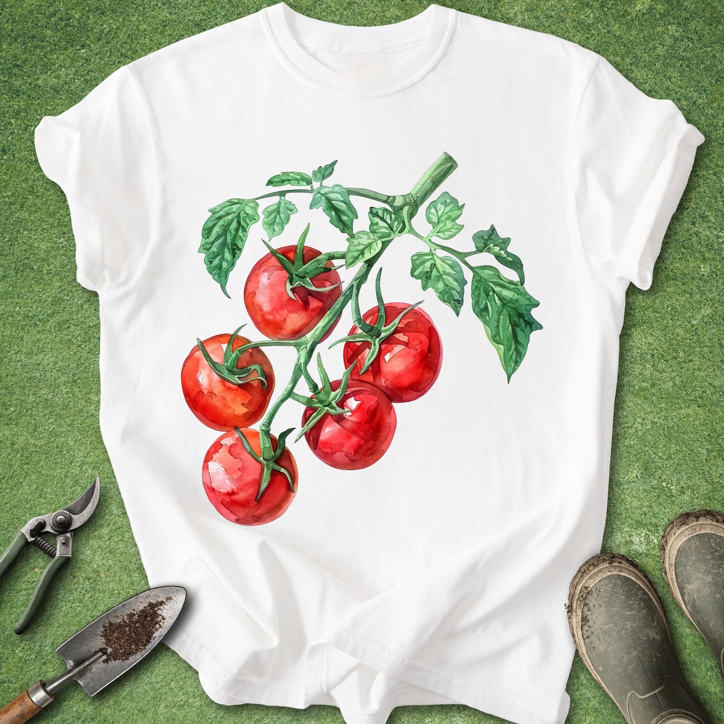 White t-shirt with red tomatoes on a green background