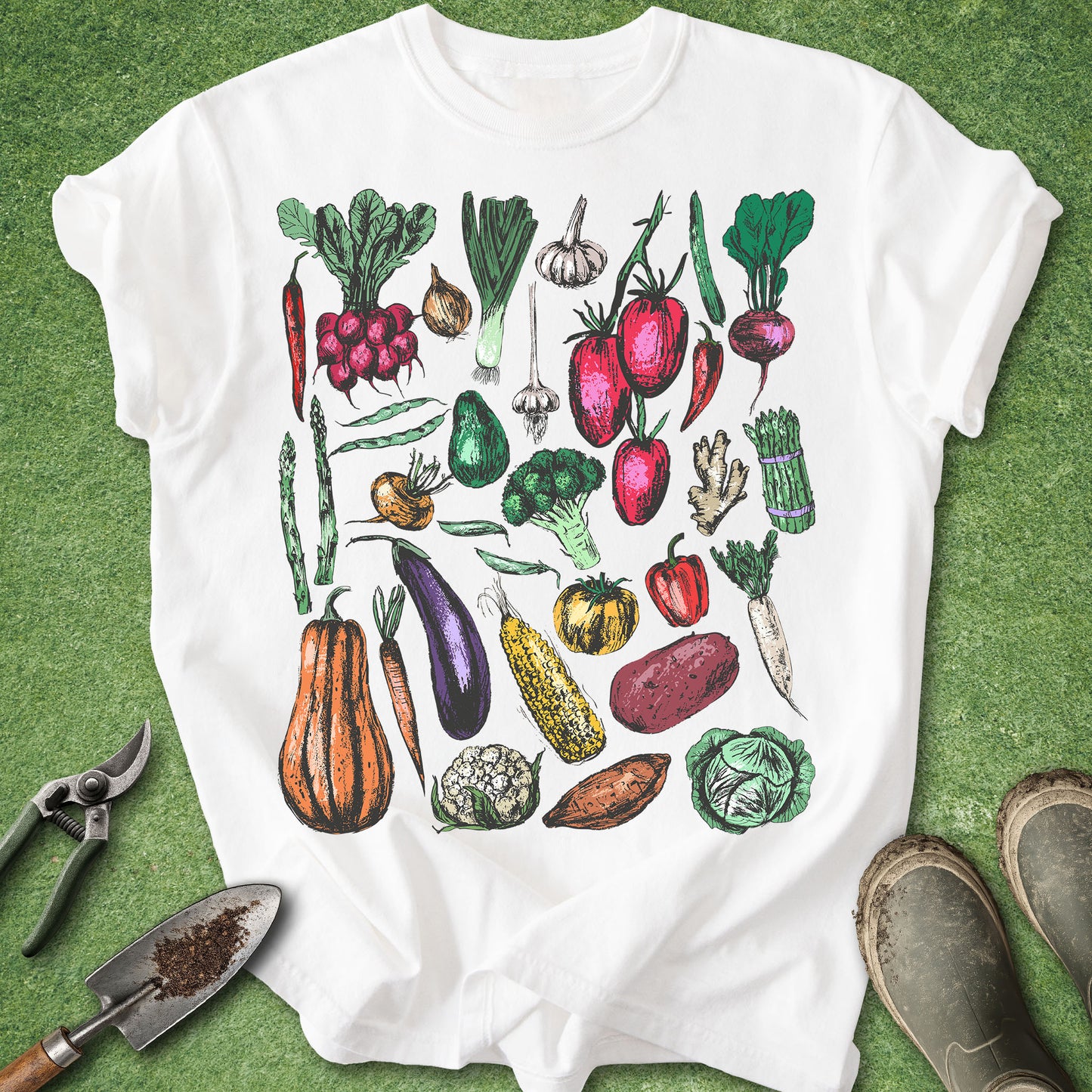 White t-shirt with colorful vegetable illustrations on a green background