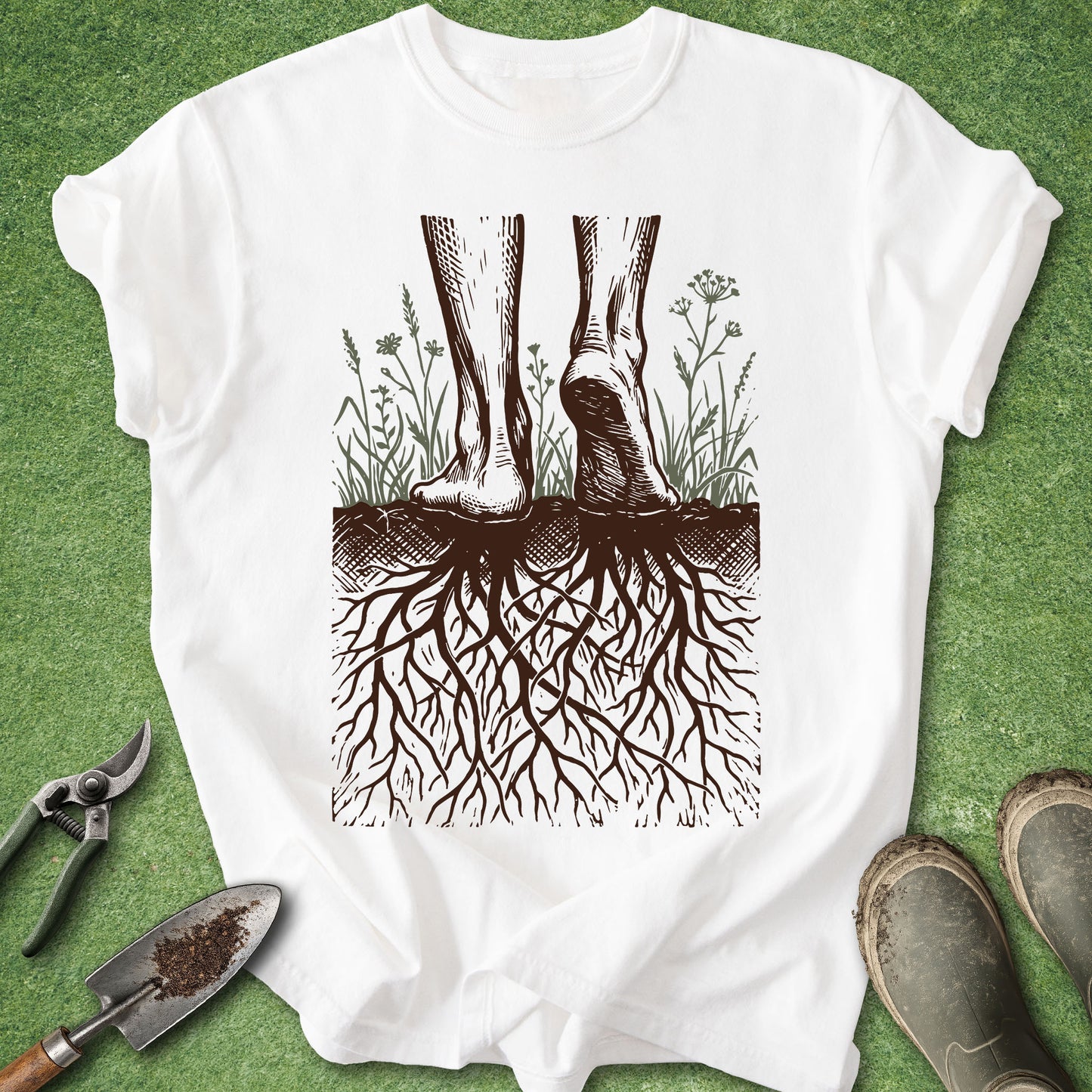 A white short-sleeve T-shirt laid flat on green grass, featuring a dark brown graphic of bare feet standing on roots with small plants around them. Gardening tools and boots are partially visible around the shirt.