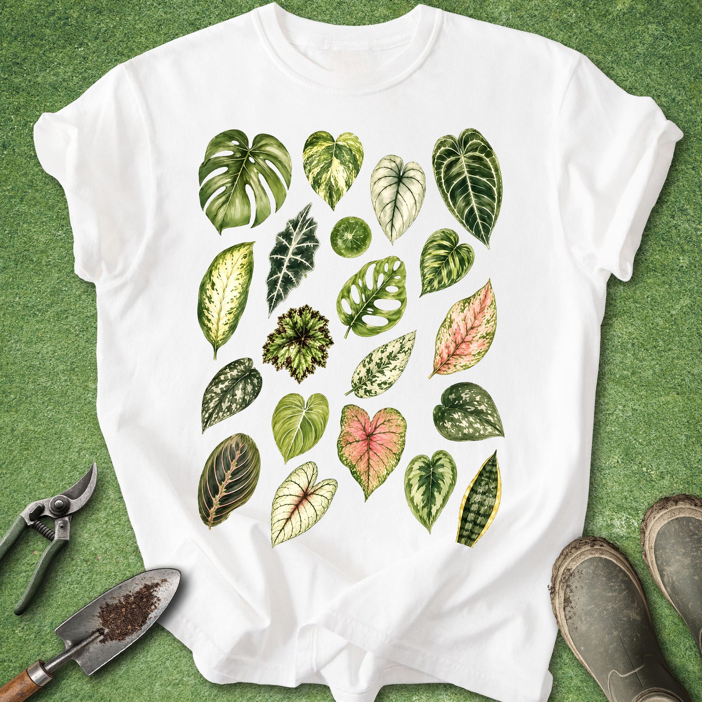 A white short-sleeve T-shirt laid flat on green grass, featuring a large central print of various illustrated green tropical leaves in different shapes and patterns. A trowel, pruning shears, and gardening boots are placed around the shirt as styling props.