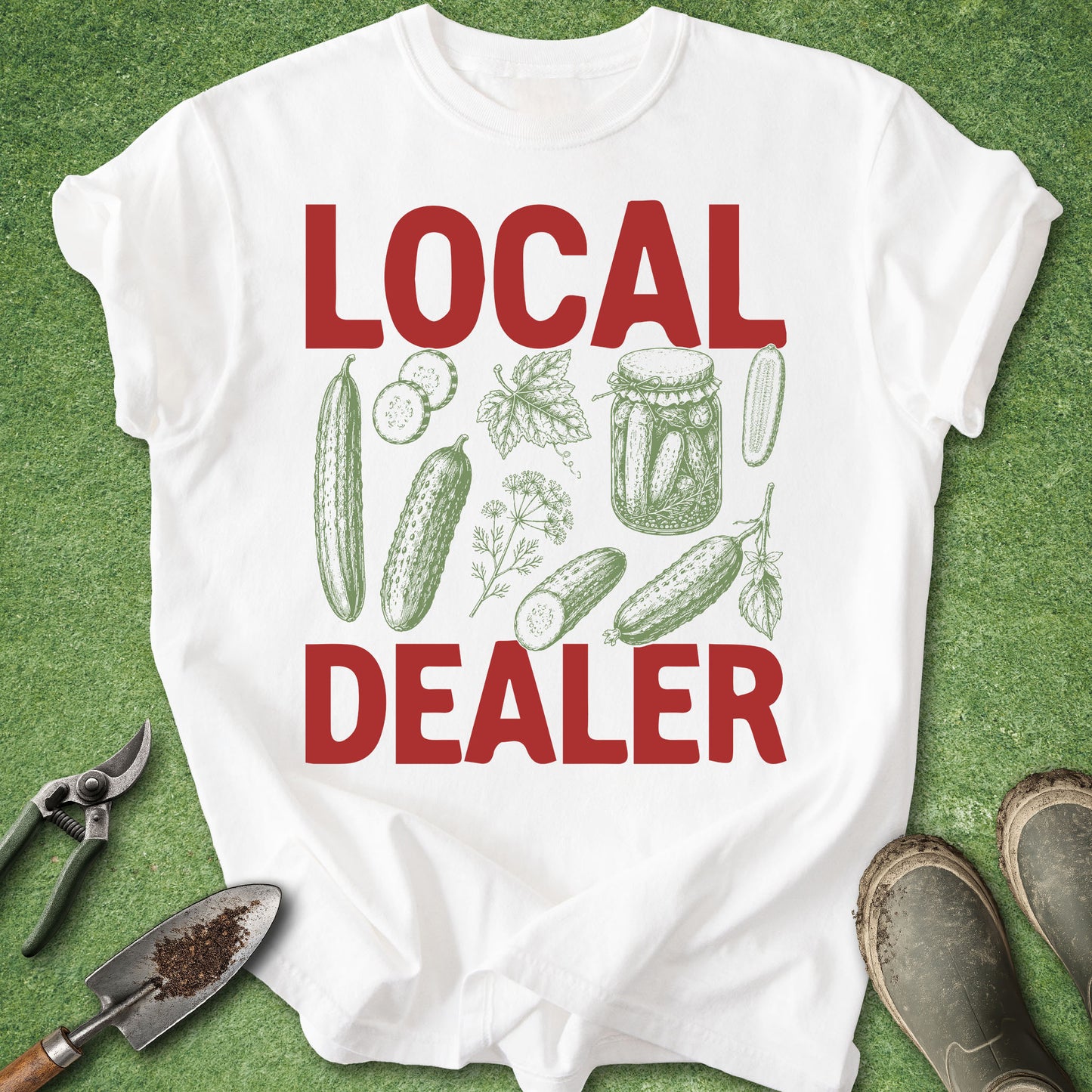 White t-shirt with 'LOCAL DEALER' text and vegetable graphics on a green background