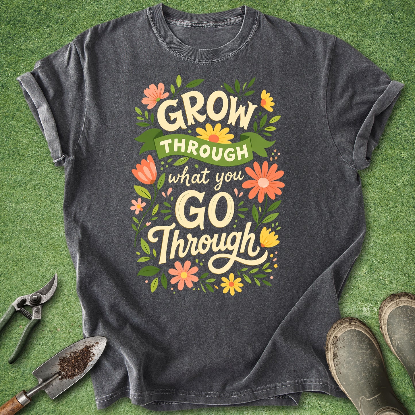 Dark gray t-shirt with motivational quote on a green grass background