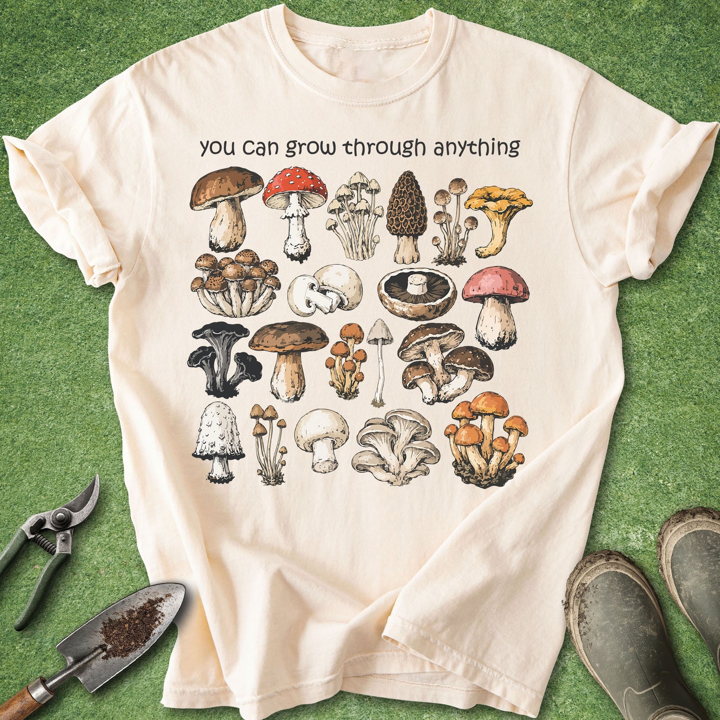 T-shirt with mushroom illustrations and text on a green background