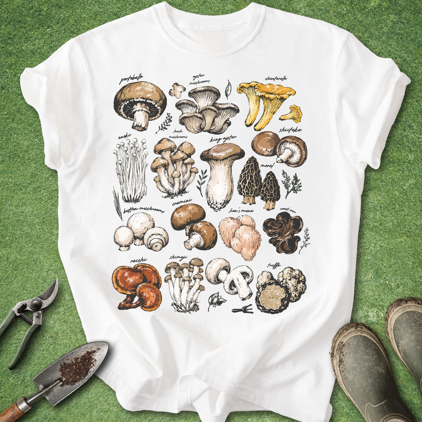 White t-shirt with mushroom illustrations on a green background