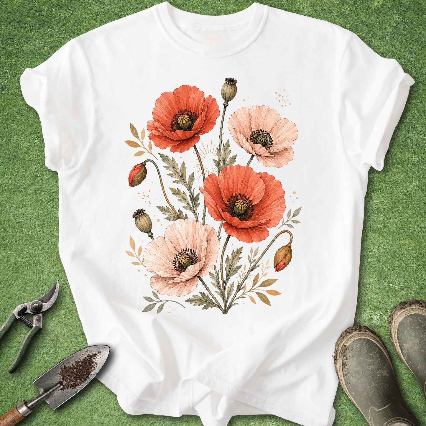 A white short-sleeve T-shirt laid flat on green grass, featuring a watercolor-style floral print with red and peach poppies and green leaves. Gardening props including a trowel, pruning shears, and boots are visible around the shirt.