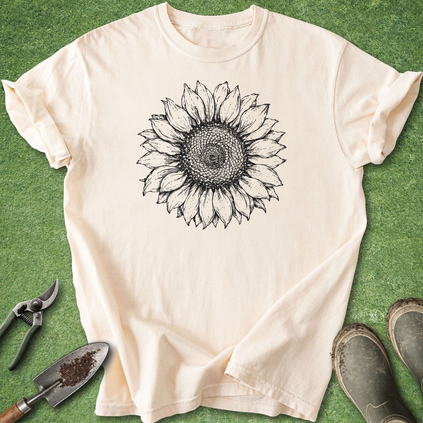 A cream-colored short-sleeve t-shirt with a black hand-drawn sunflower graphic on the front, laid flat on a green grass-like surface with gardening props including a trowel, pruning shears, and boots.