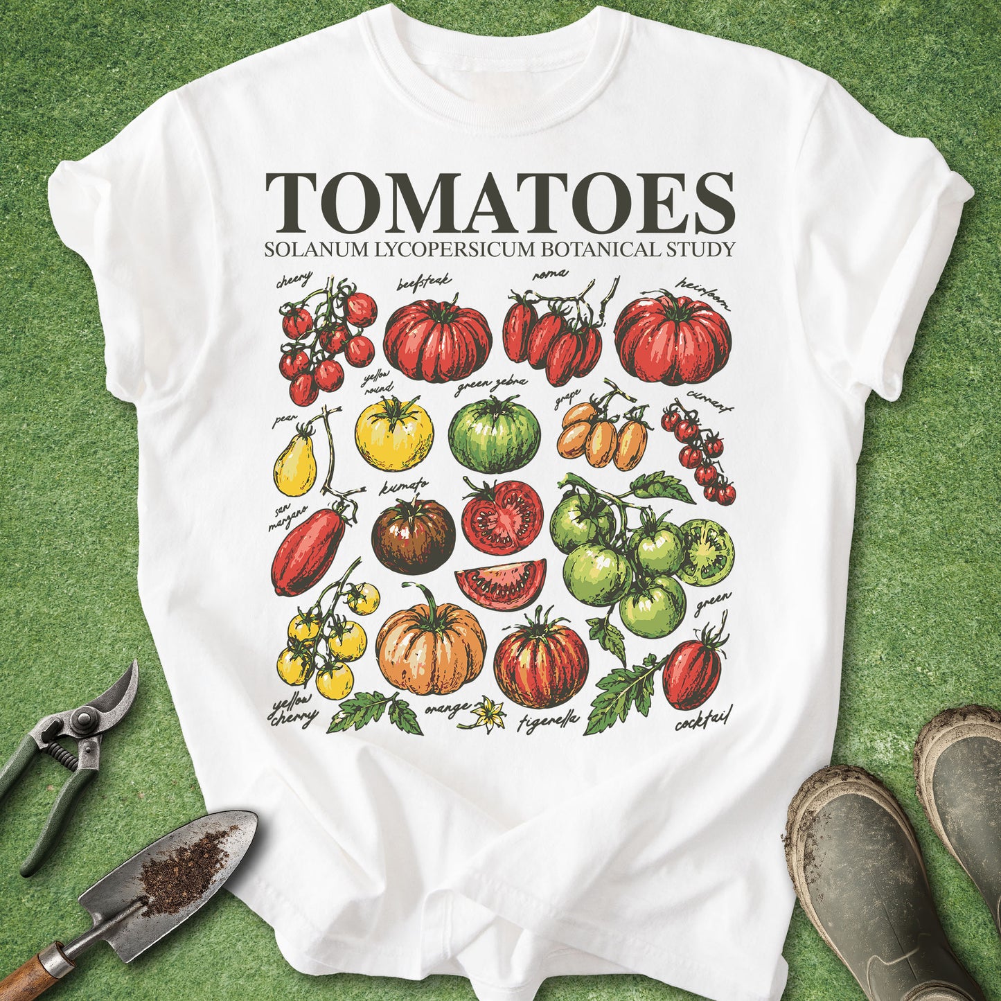 White t-shirt with tomato illustrations and text on a green background