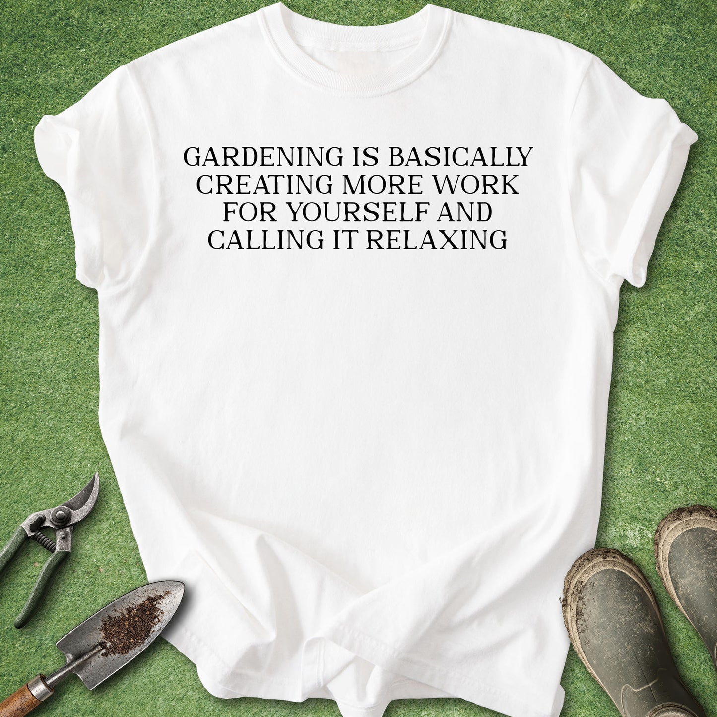 White t-shirt with 'quietly planning my next harvest' text on a green background with gardening tools.