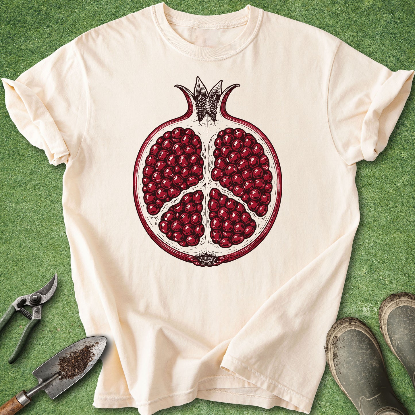 An off-white short-sleeve t-shirt laid flat on green grass, featuring a large graphic print of a sliced pomegranate with red seeds. Gardening tools, including pruning shears, a trowel, and boots, are arranged around the shirt.