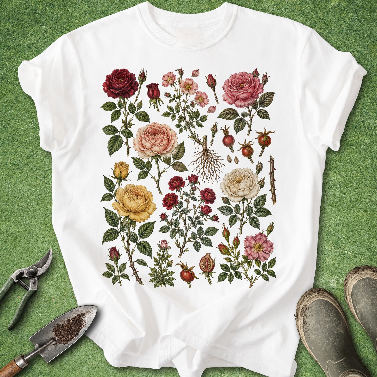 A white short-sleeve T-shirt laid flat on a green grass-like surface, featuring a large vintage-style botanical rose print on the front. Gardening props including pruning shears, a small hand trowel, and muddy boots are placed around the shirt.