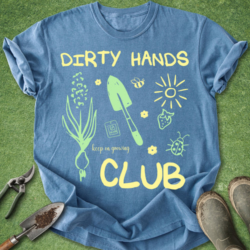 Blue t-shirt with 'Dirty Hands Club' text and gardening graphics on a green background