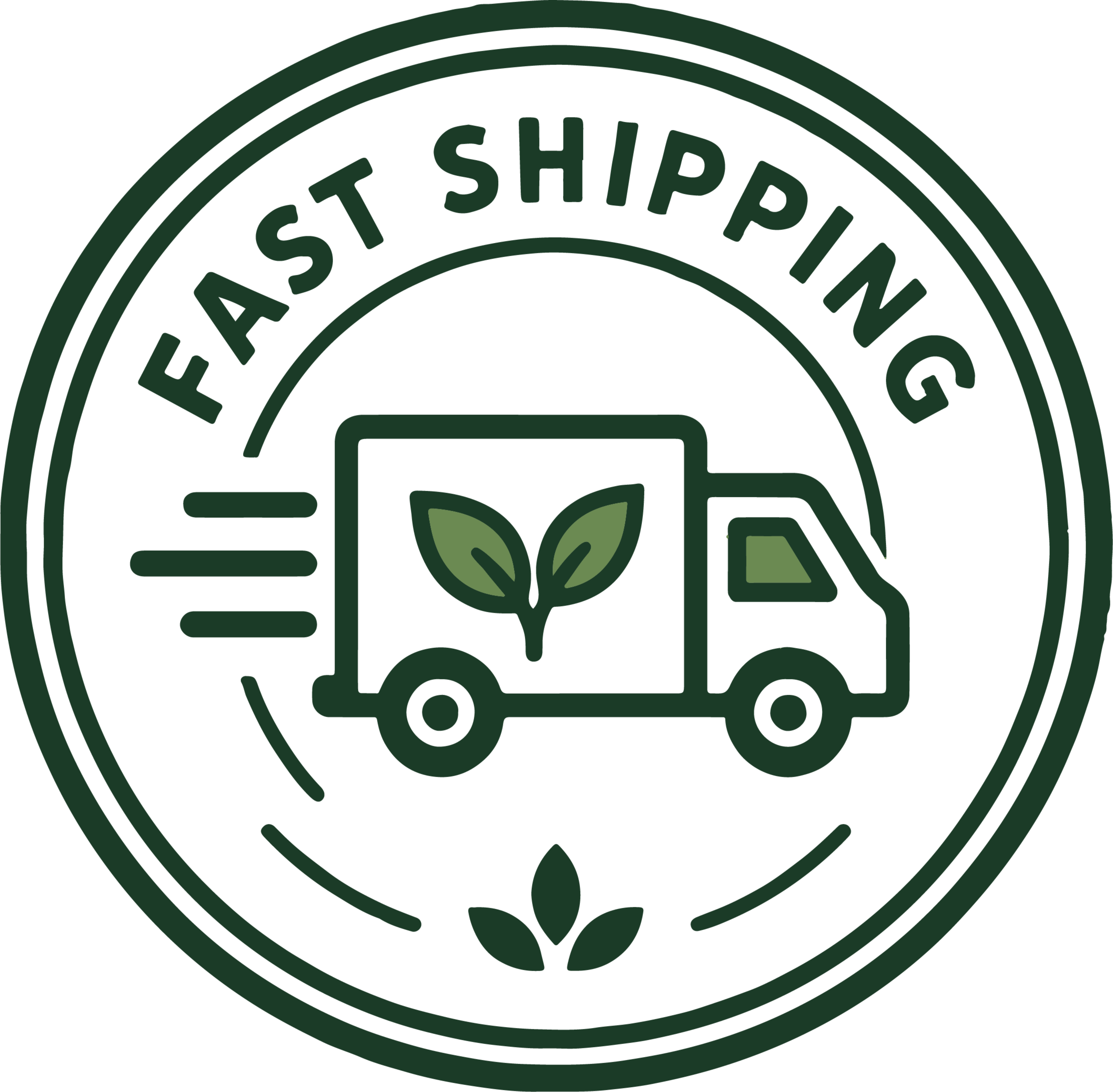 A circular green and dark green vector icon featuring a delivery truck with two leaves on its side, surrounded by the text 'FAST SHIPPING' on a white background.