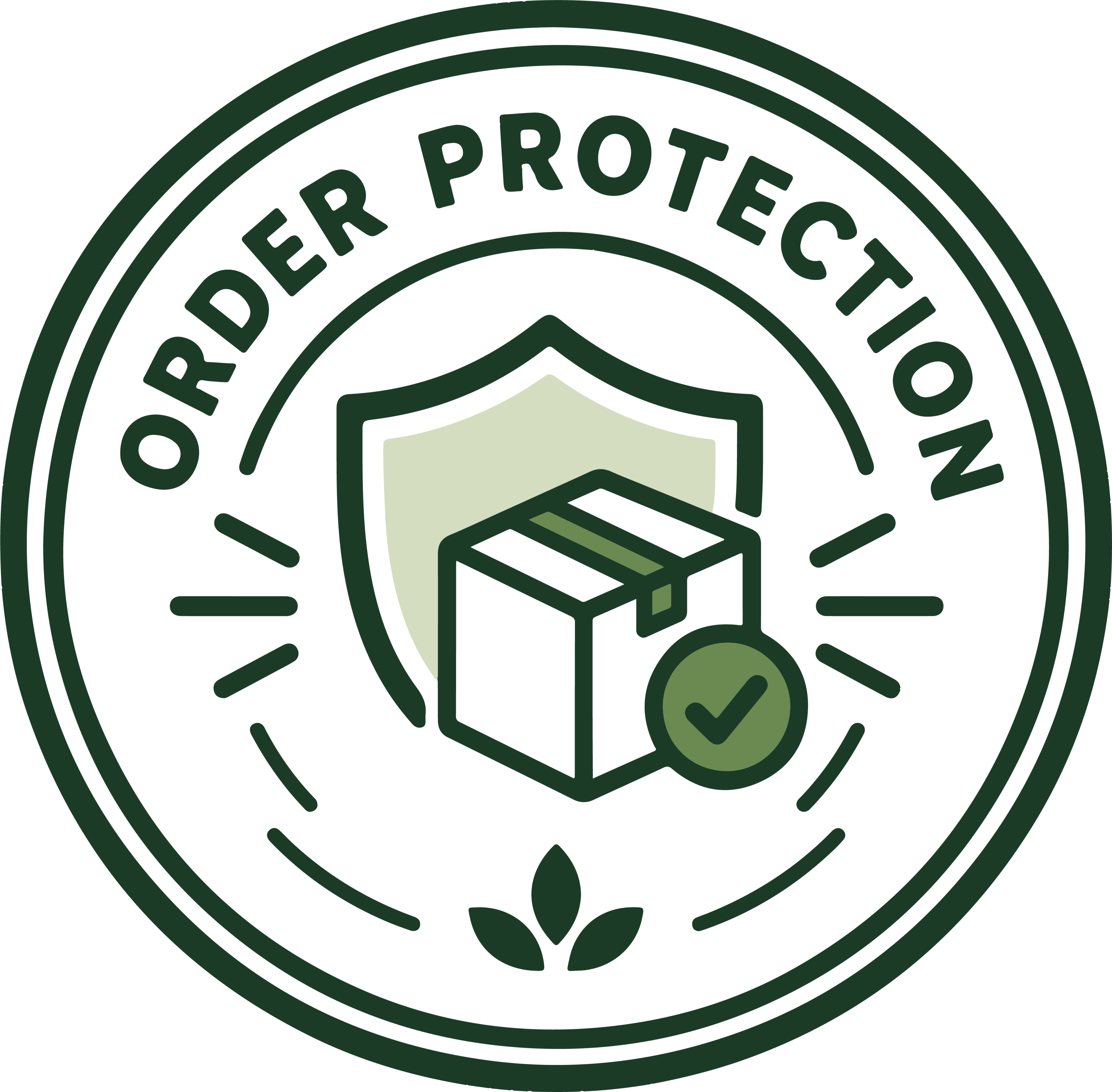 A circular green and white vector graphic with the text 'ORDER PROTECTION' around a shield, package, and check mark icon.