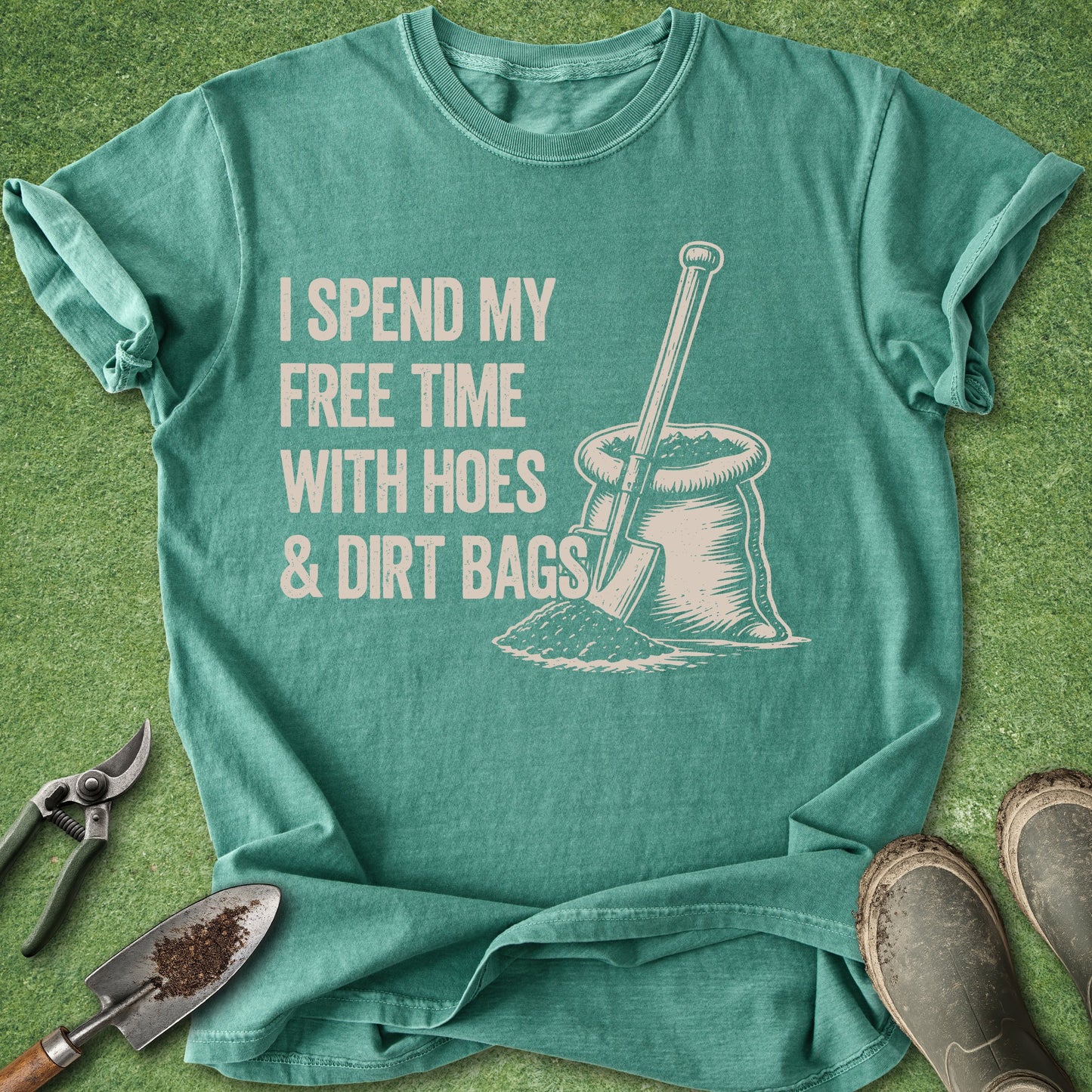 Green t-shirt with white text and graphic on a green background