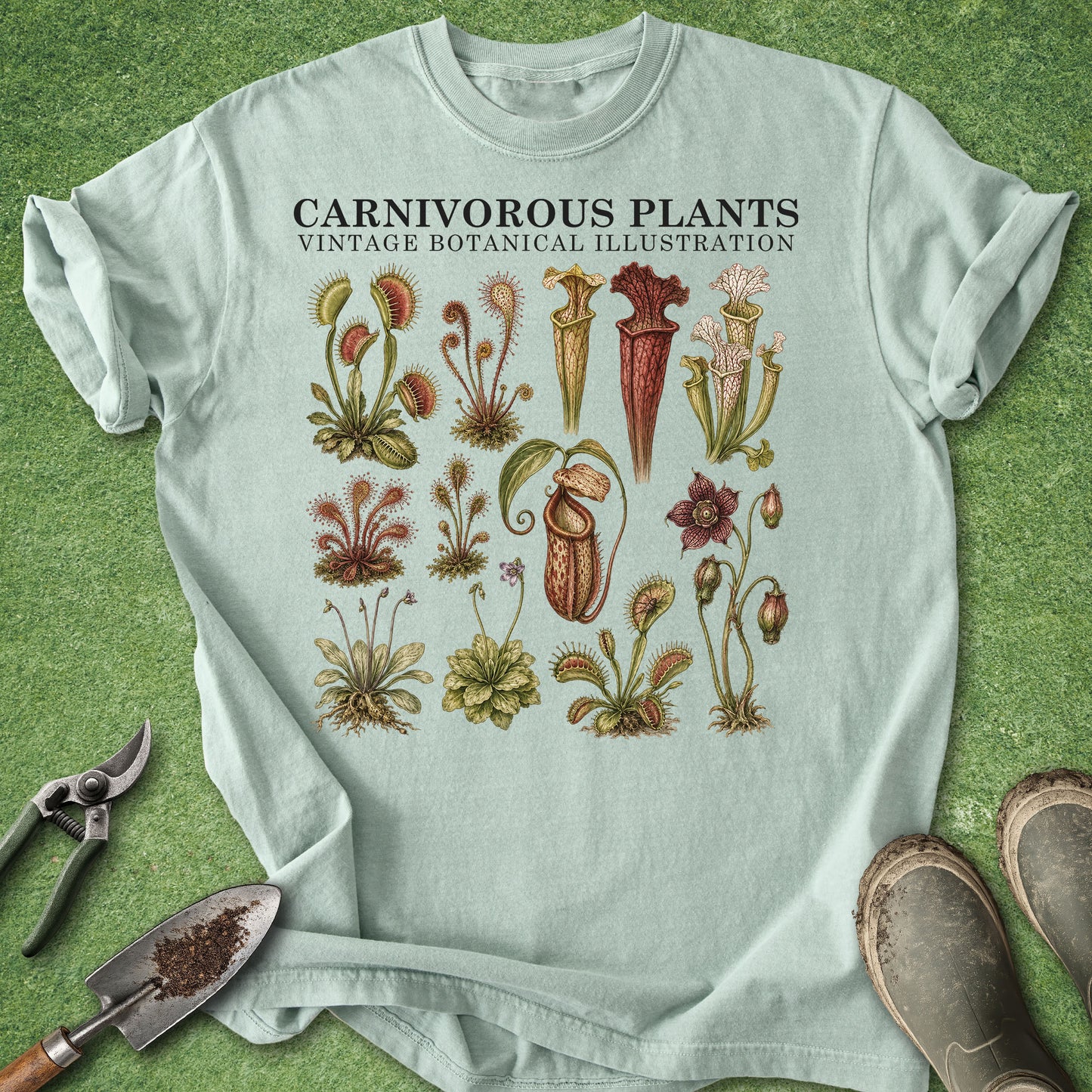Green t-shirt with Carnivorous Plants text and vintage botanical illustrations of Venus flytraps, pitcher plants, sundews and other carnivorous plant species.