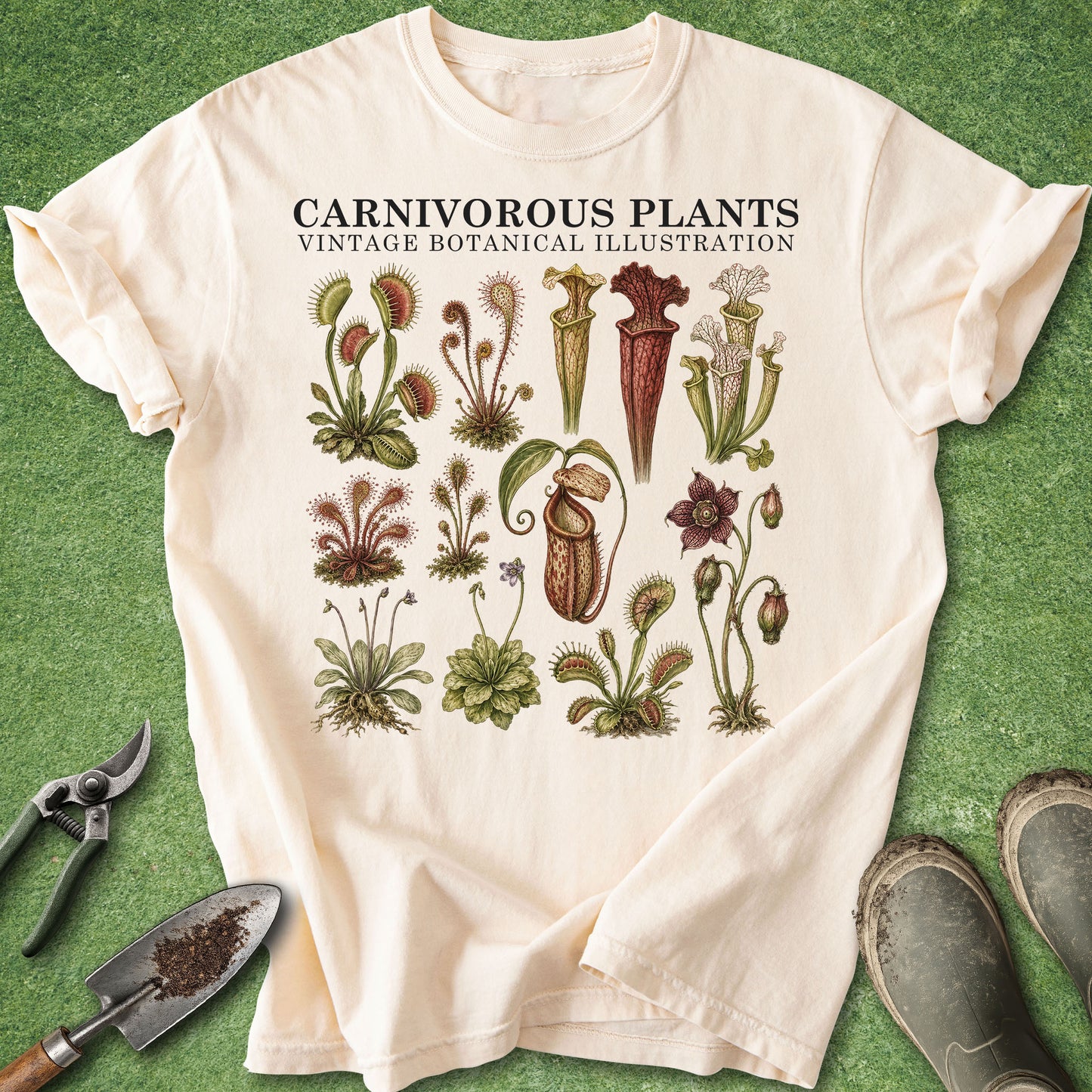 An off-white short-sleeve t-shirt with a vintage botanical illustration of carnivorous plants, laid flat on a green grass-like surface with gardening tools and boots nearby.