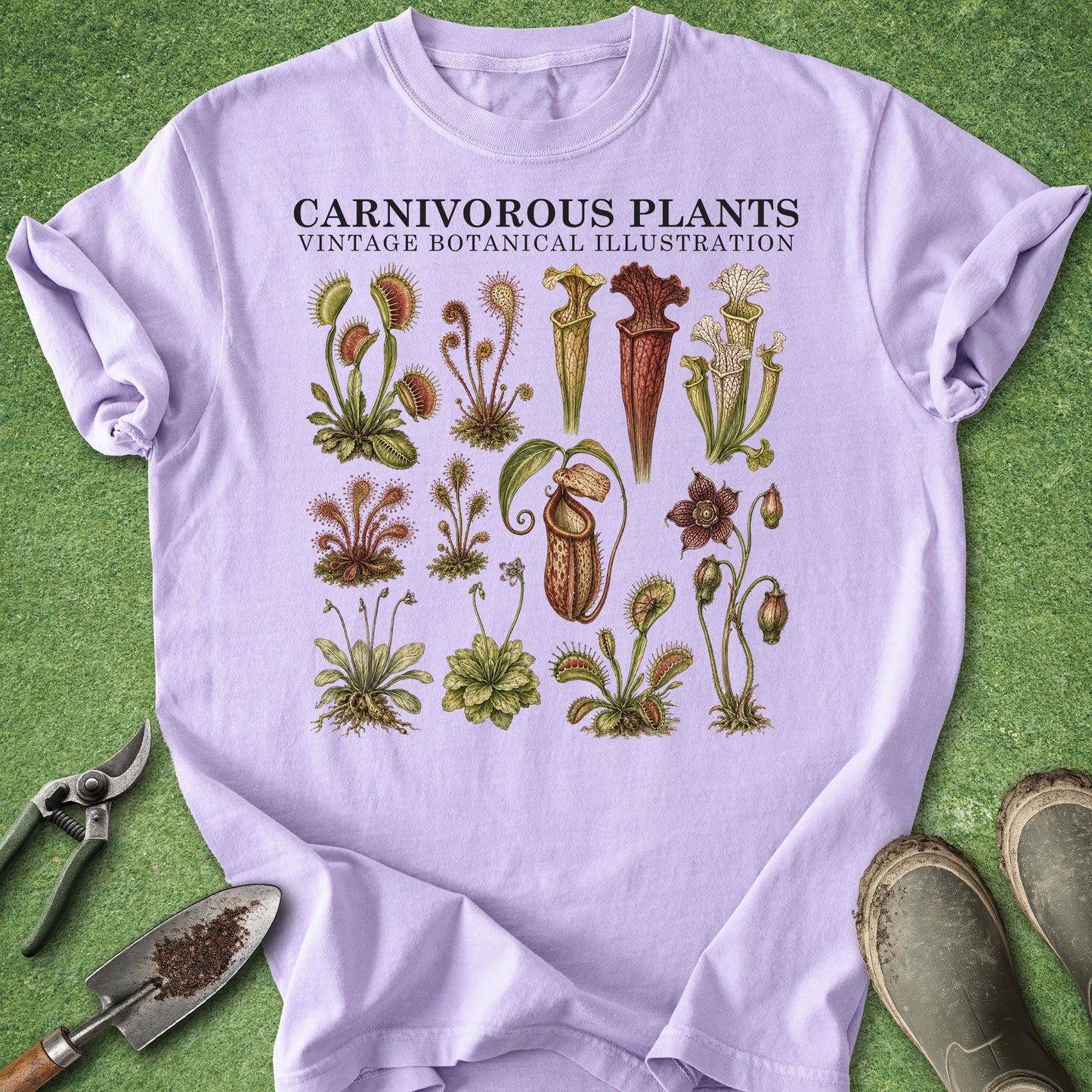 A lavender short-sleeve T-shirt laid flat on a green textured surface, featuring a vintage-style botanical illustration of carnivorous plants with the text 'CARNIVOROUS PLANTS' and 'VINTAGE BOTANICAL ILLUSTRATION.' Gardening props including pruning shears, a small trowel, and boots are placed around the shirt.