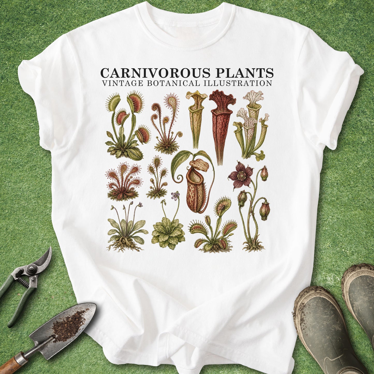 A white short-sleeve T-shirt laid flat on a green textured surface, featuring a vintage-style botanical illustration of carnivorous plants with the text 'CARNIVOROUS PLANTS' and 'VINTAGE BOTANICAL ILLUSTRATION.' Gardening tools and boots are placed around the shirt as styling props.