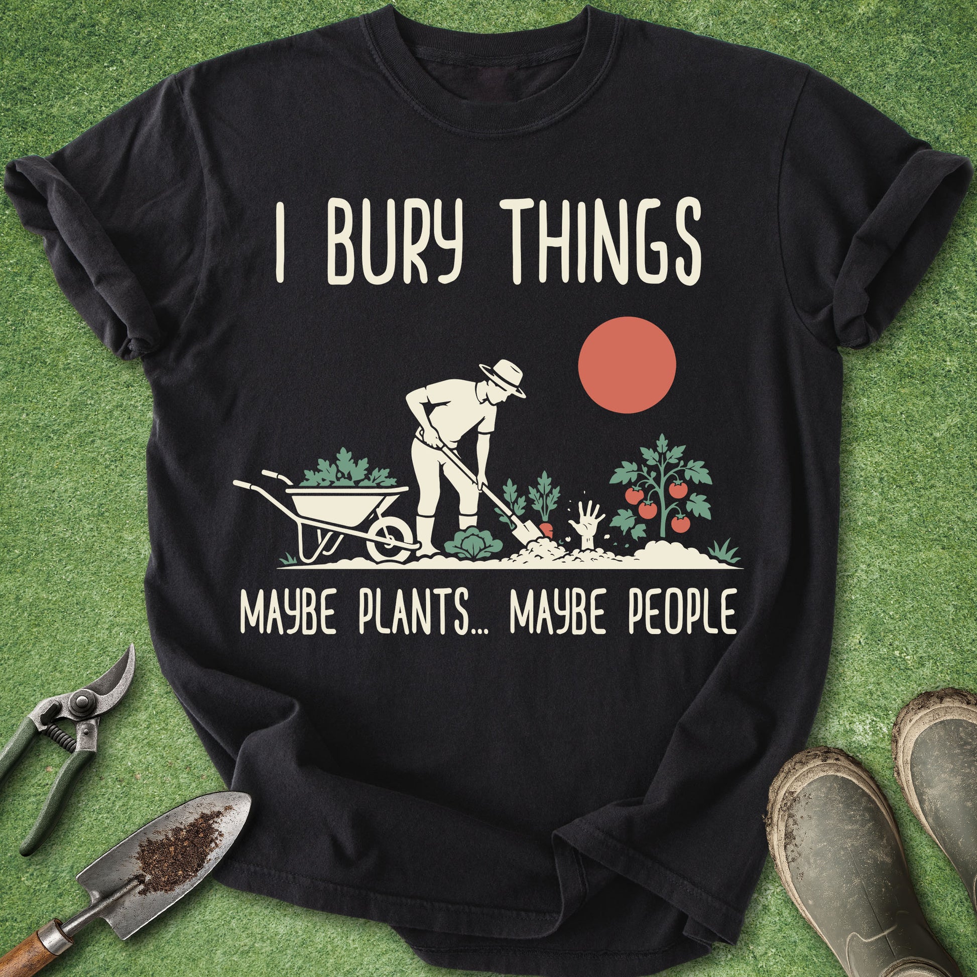 Funny gardening t-shirt with retro gardener illustration and “I Bury Things Maybe Plants Maybe People” text on black shirt