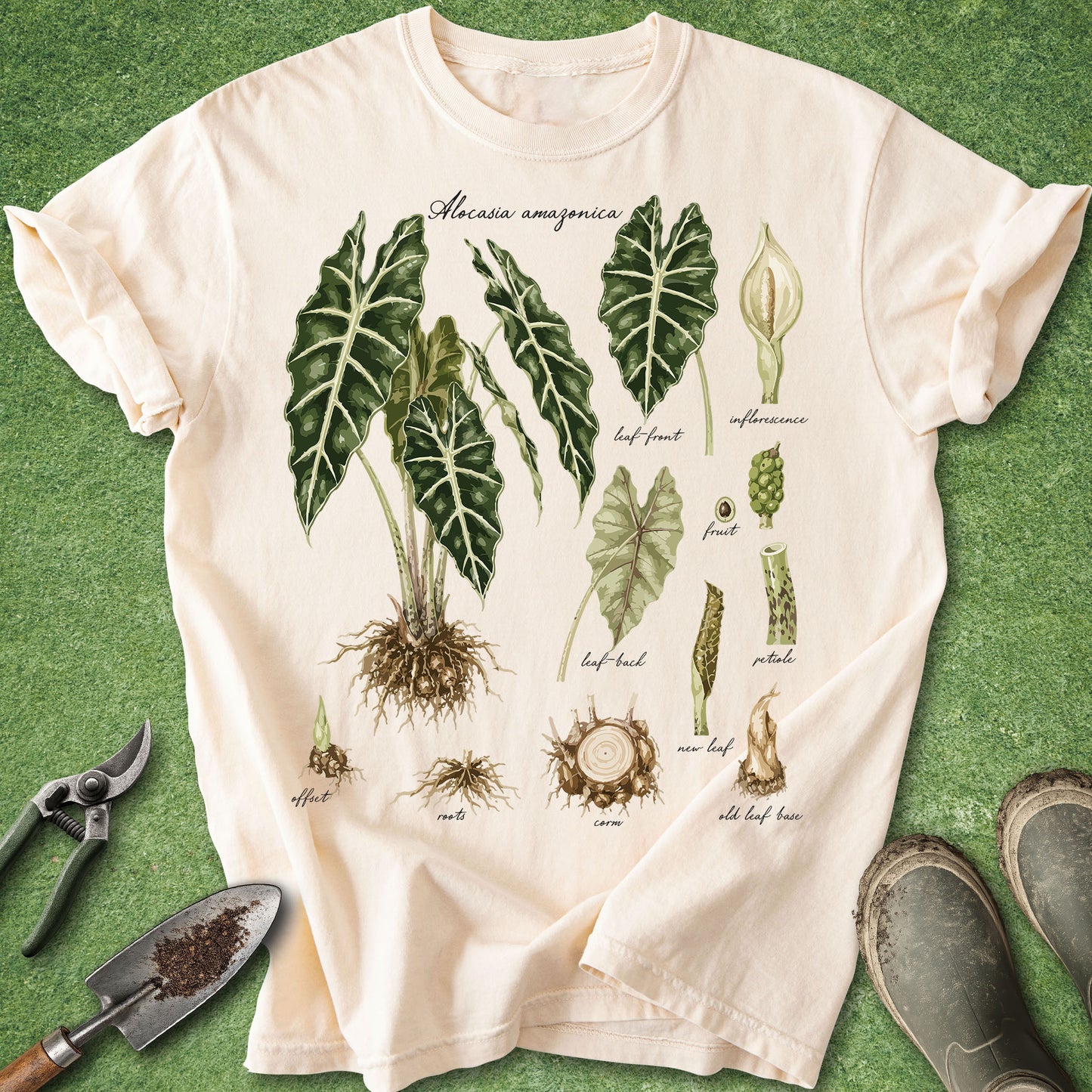 A cream-colored short-sleeve t-shirt with a vintage botanical illustration of Alocasia amazonica plant parts, styled flat-lay on green artificial turf with gardening tools and boots.