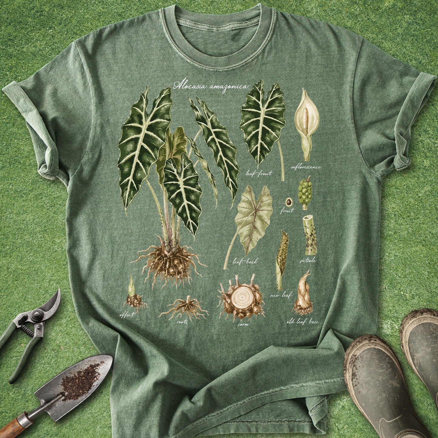 A muted sage green graphic T-shirt laid flat on a green textured surface, featuring botanical illustrations of Alocasia plant parts with labels. Gardening tools and boots are placed around the shirt as styling props.