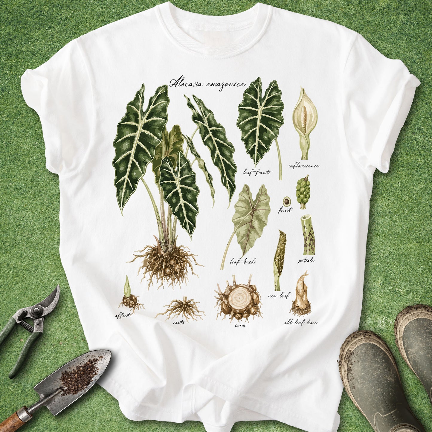A white short-sleeve T-shirt laid flat on a green textured surface, featuring a vintage-style botanical illustration of Alloba americana leaves, roots, and flower parts with small handwritten labels. Gardening props including pruning shears, a trowel, and boots are placed around the shirt.