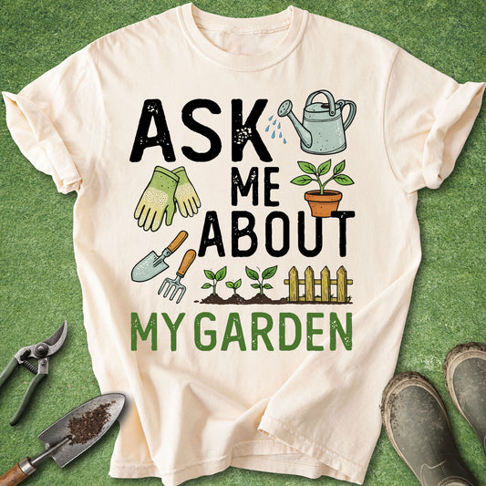T-shirt with gardening-themed text and graphics on a green background