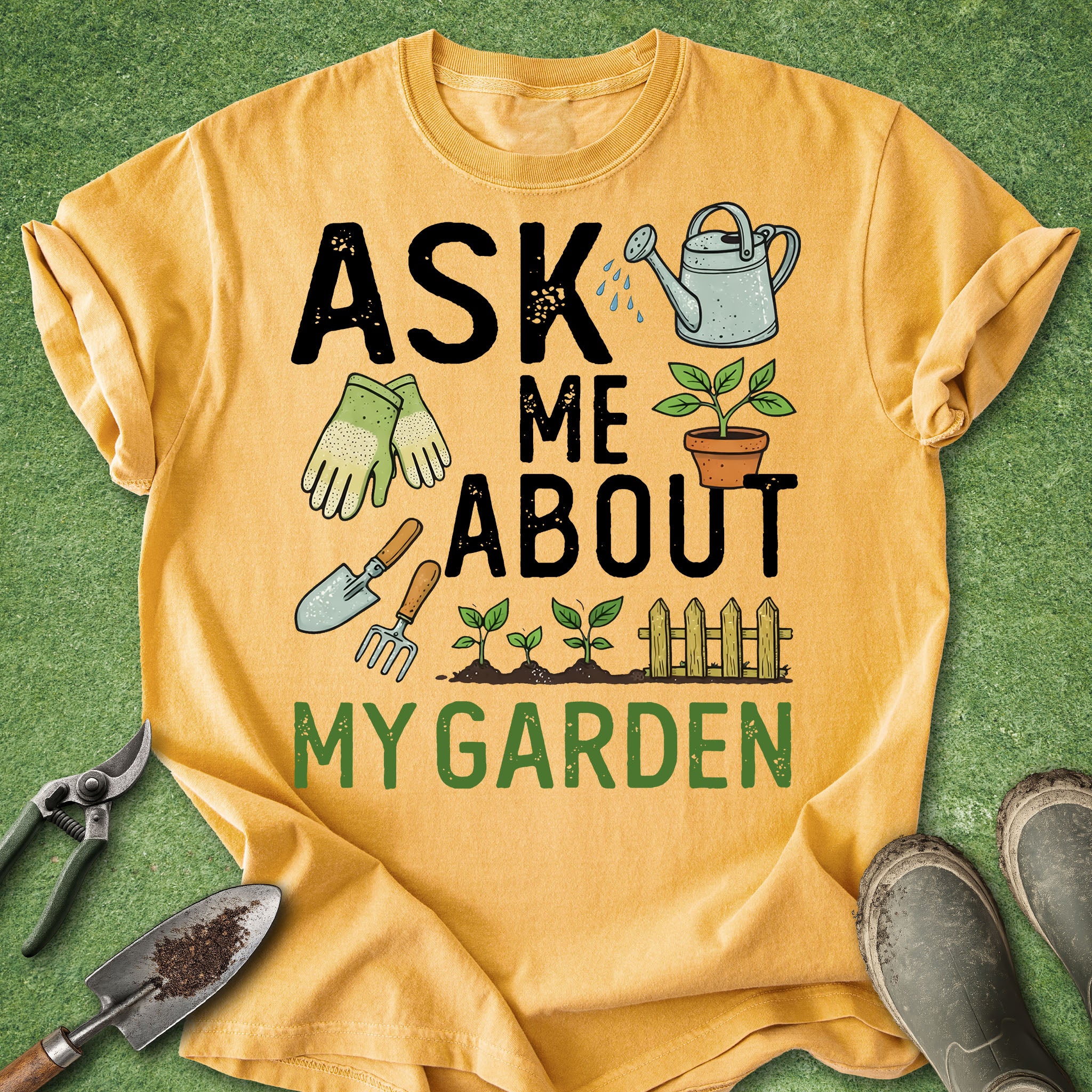 Yellow t-shirt with gardening-themed text and graphics on a green background