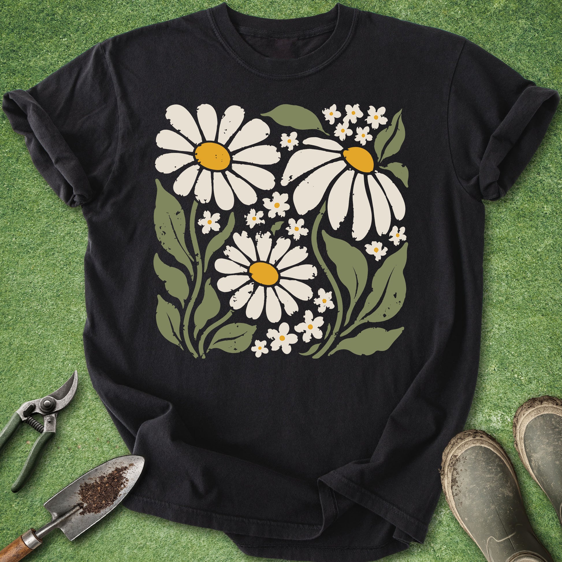A black short-sleeve t-shirt laid flat on green grass, featuring a large graphic print of white daisies with yellow centers and green leaves. Gardening tools and muddy boots are placed around the shirt as props.