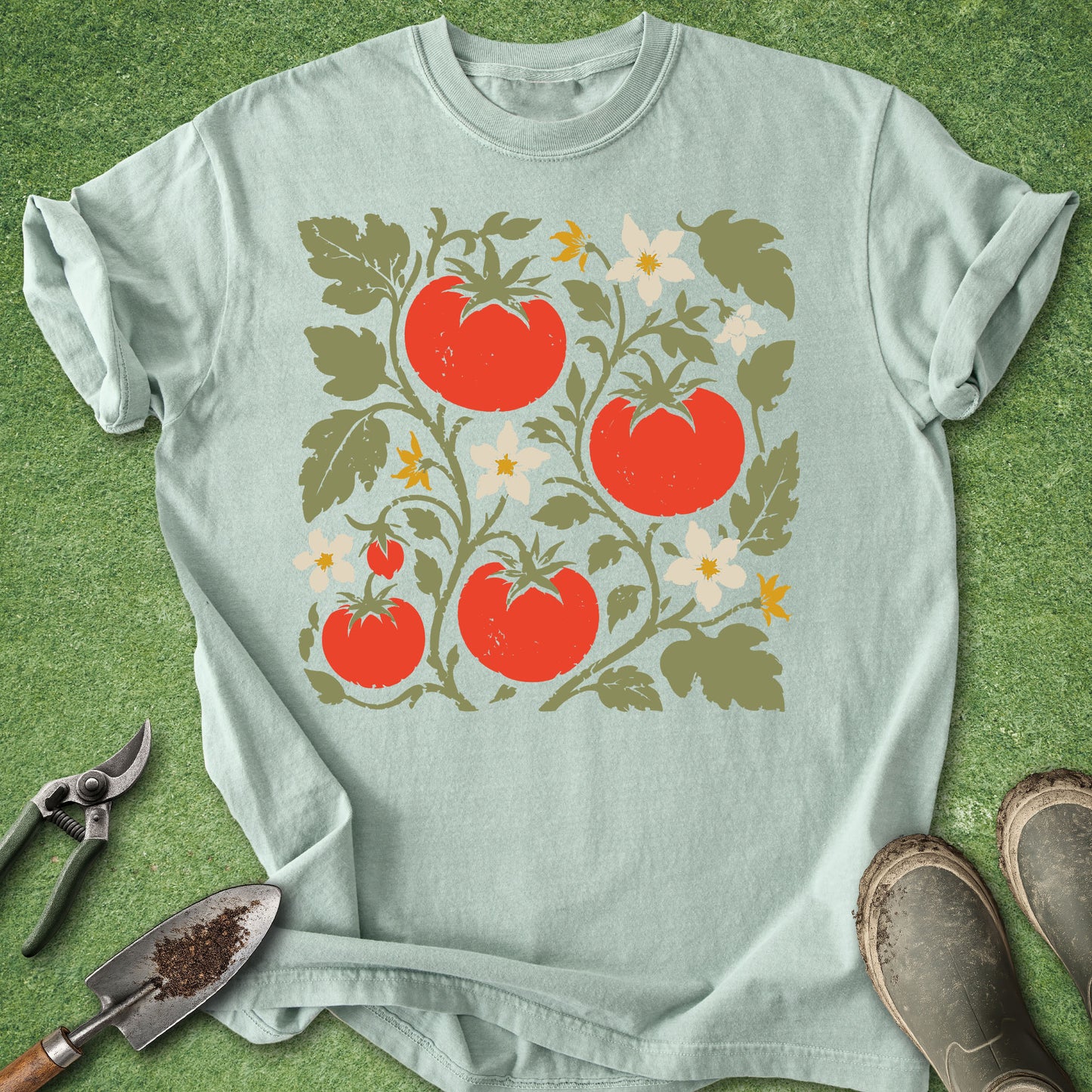 A light sage green t-shirt with a retro-style graphic of red tomatoes, green leaves, and small white flowers, laid flat on green grass with gardening tools and boots nearby.