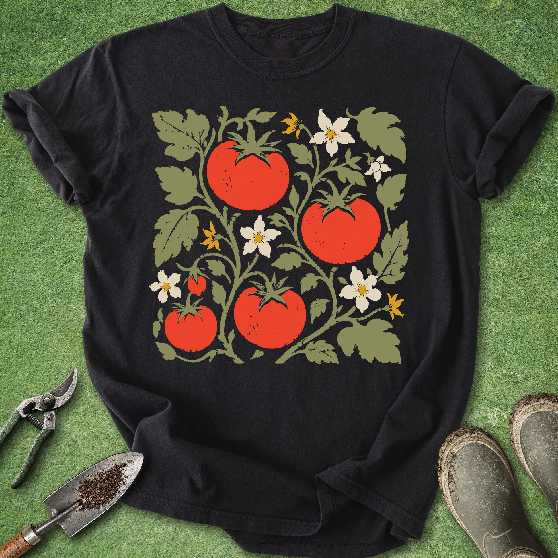 Black t-shirt featuring a vintage-style botanical illustration of bright red tomatoes growing on leafy vines with white and yellow tomato blossoms.