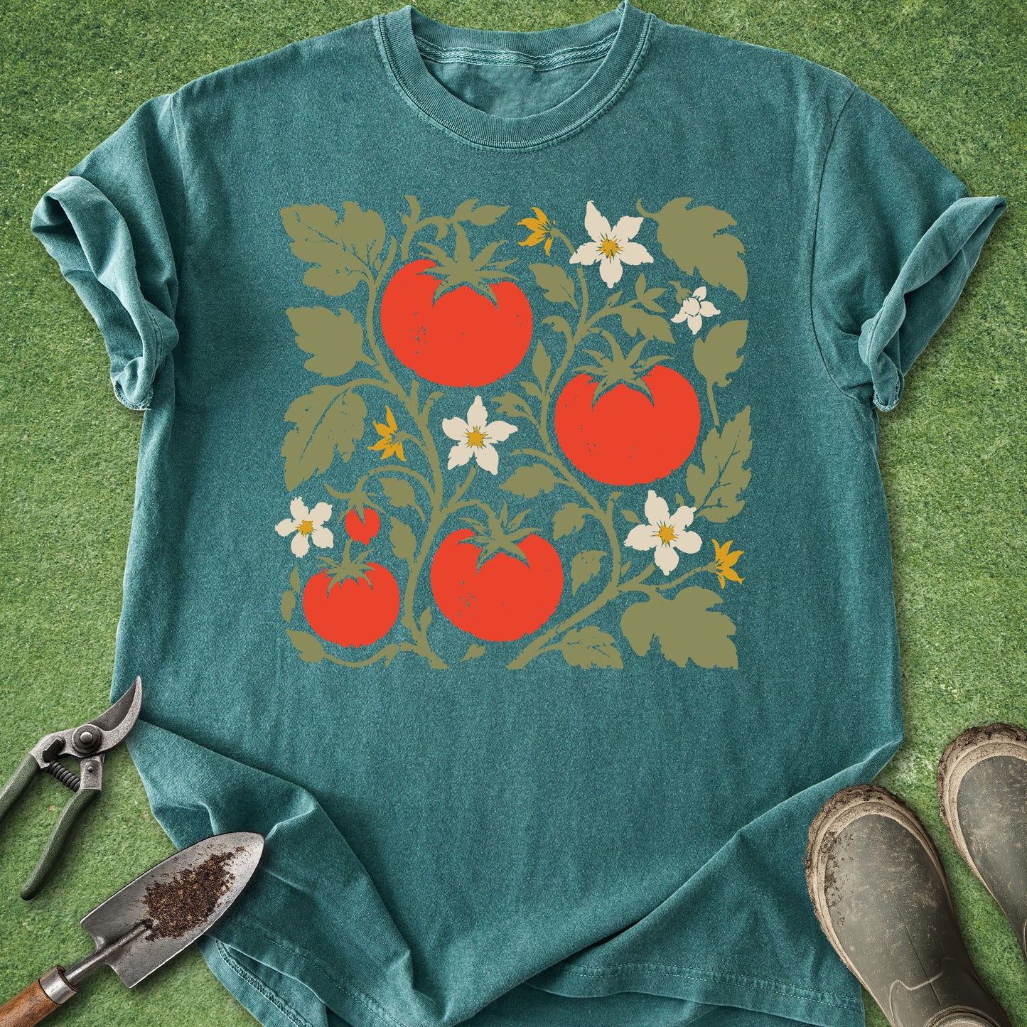 A teal short-sleeve t-shirt with a retro-style tomato garden print, laid flat on green grass with gardening tools and boots nearby.