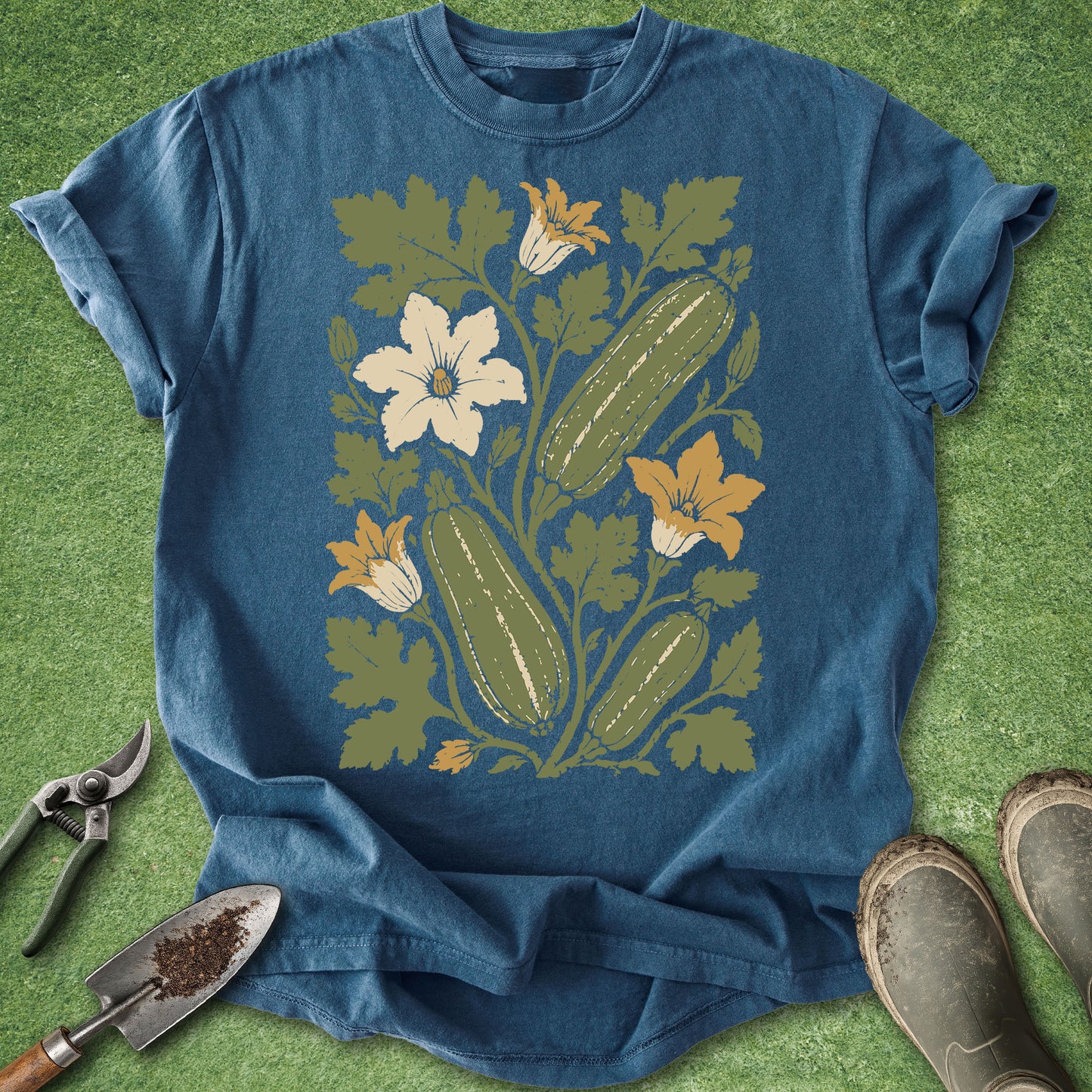 A blue short-sleeve crewneck t-shirt with a vintage-style botanical graphic of cucumbers and flowers, laid flat on green grass with gardening tools and boots nearby.