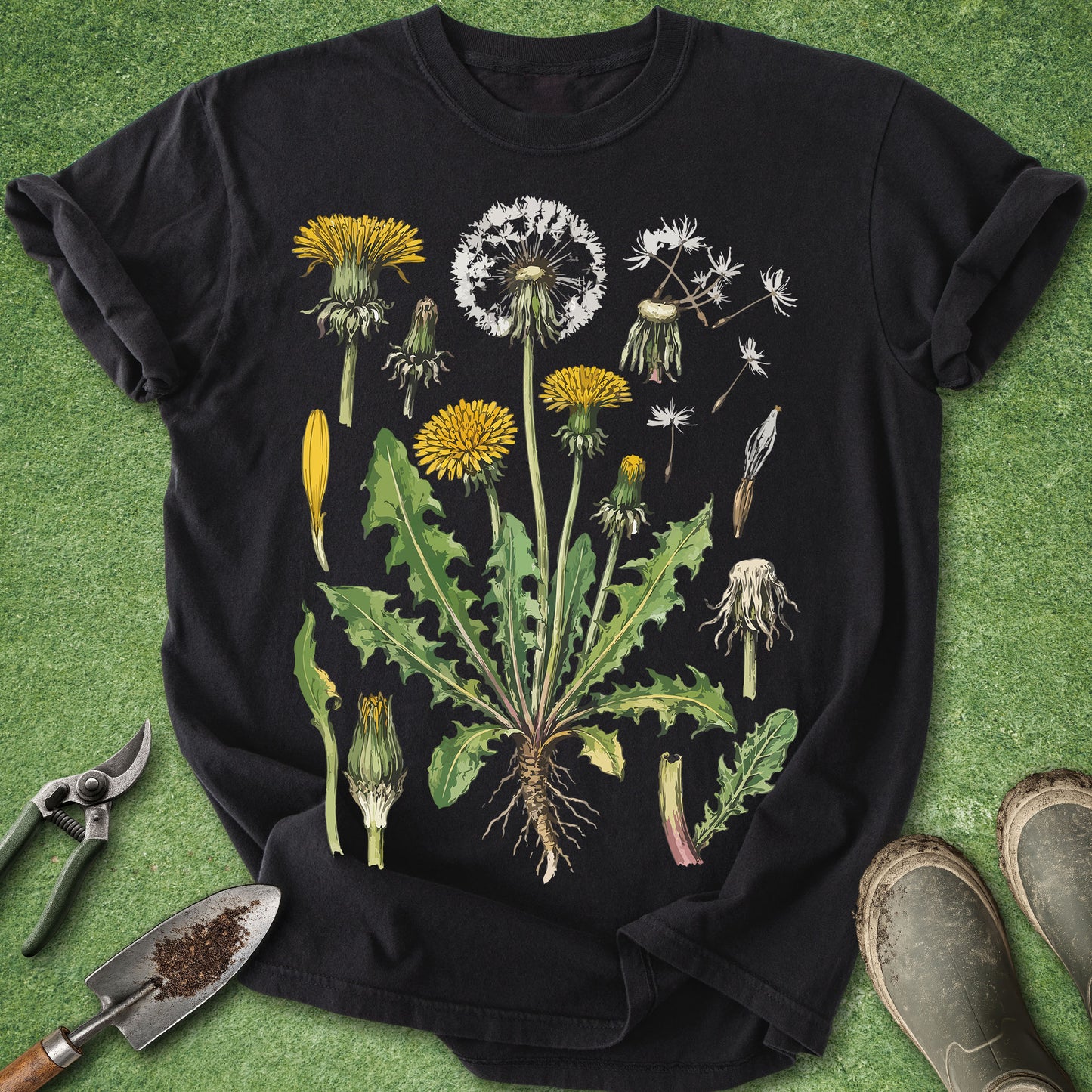 Black t-shirt with dandelion illustration on a green grass background