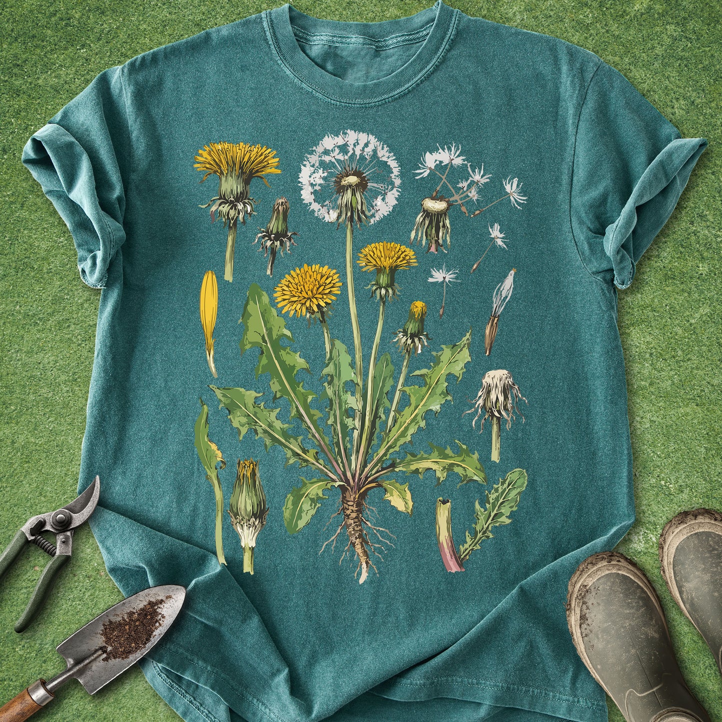 Teal t-shirt with dandelion illustration on a grass background