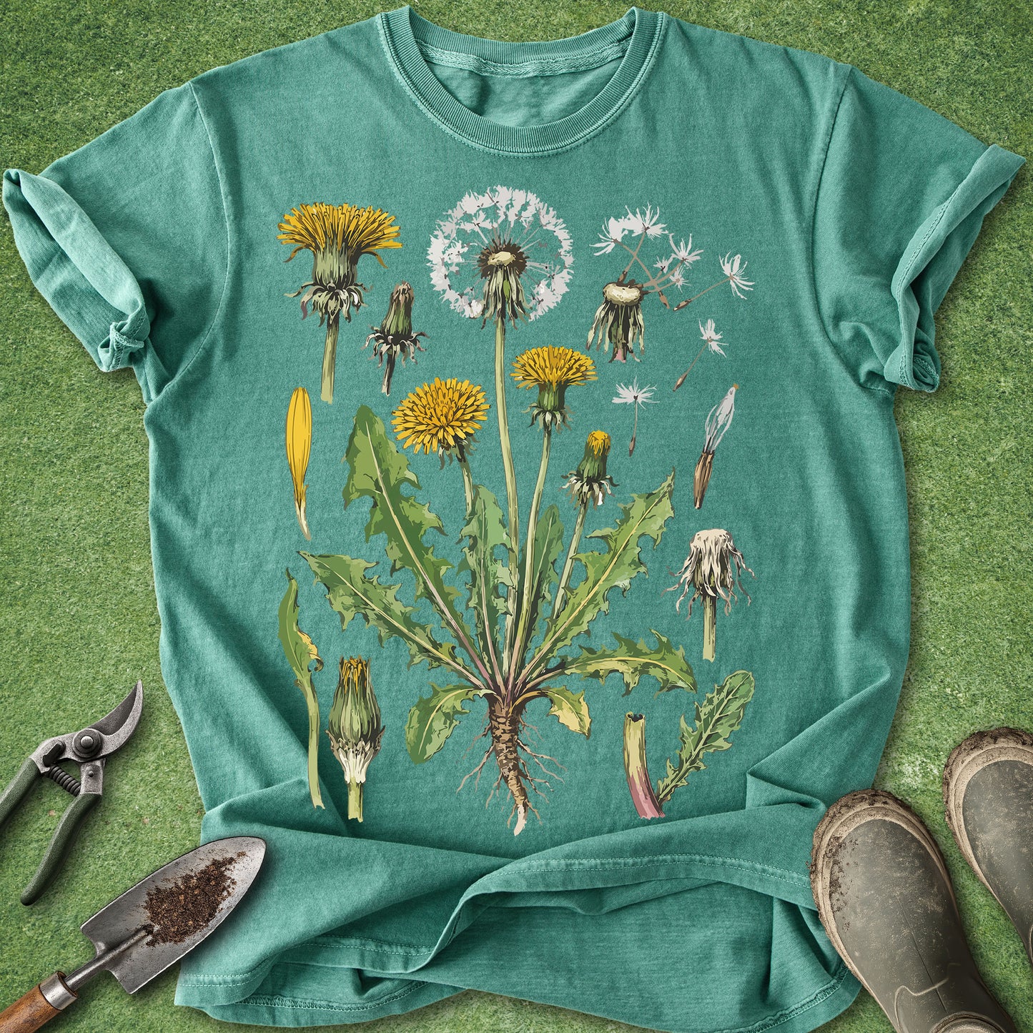 Teal t-shirt with dandelion illustration on a grass background