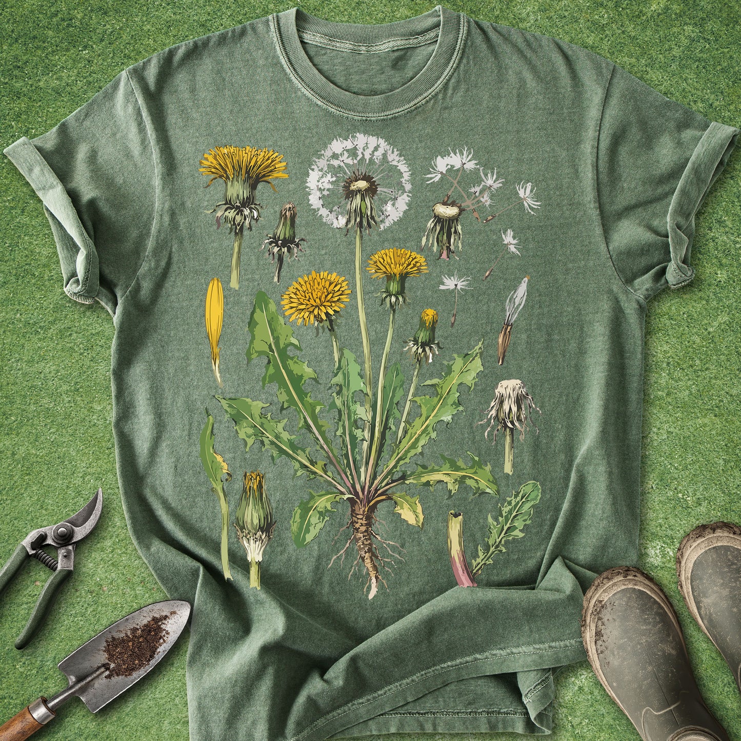 Green t-shirt with dandelion illustration on a grassy background