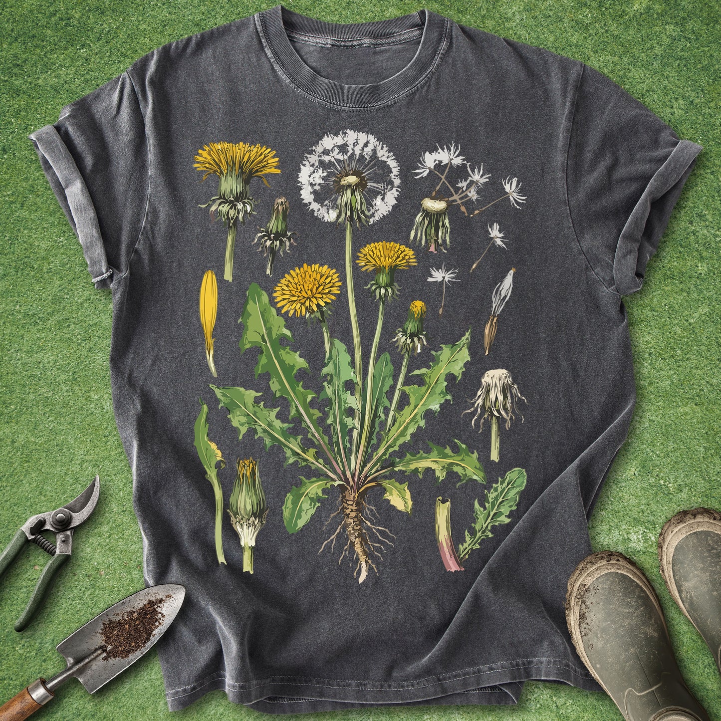 Pepper Comfort Colors t-shirt featuring a detailed vintage botanical illustration of a dandelion plant showing its flowers, seed heads, leaves, roots, and life cycle in a scientific field guide style.