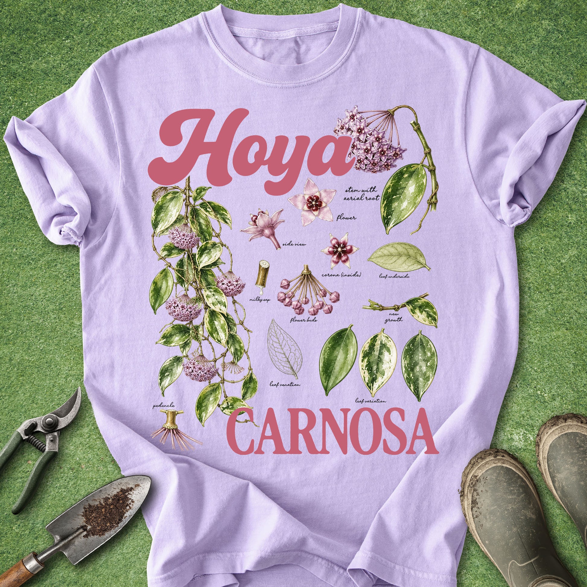 A light lavender t-shirt with a botanical illustration of Hoya Carnosa, laid flat on a green grass background with gardening props like shears, a trowel, and boots.